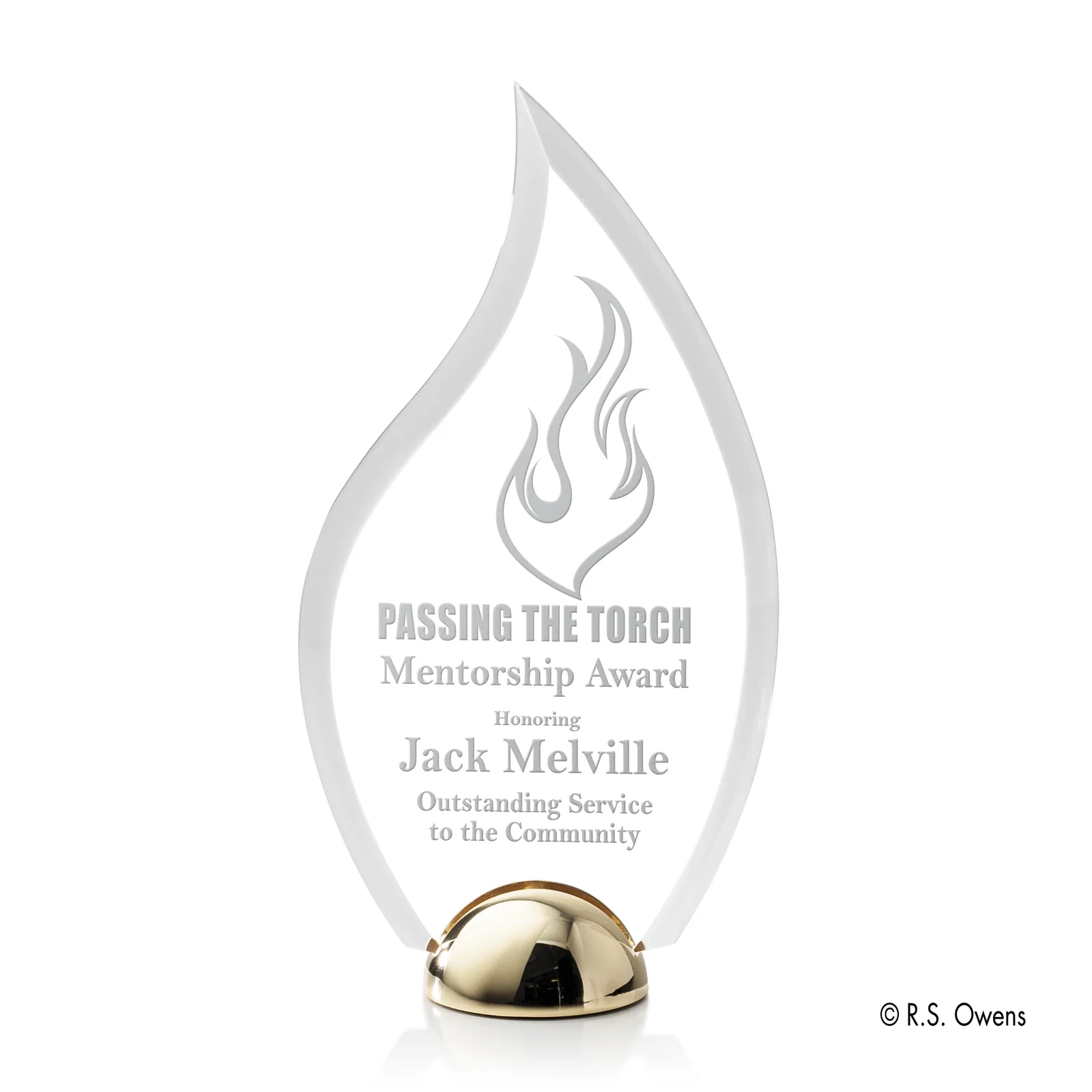 Custom Beveled Acrylic Flame Award on Domed Cast Metal Hemisphere Base for service anniversary gifts
