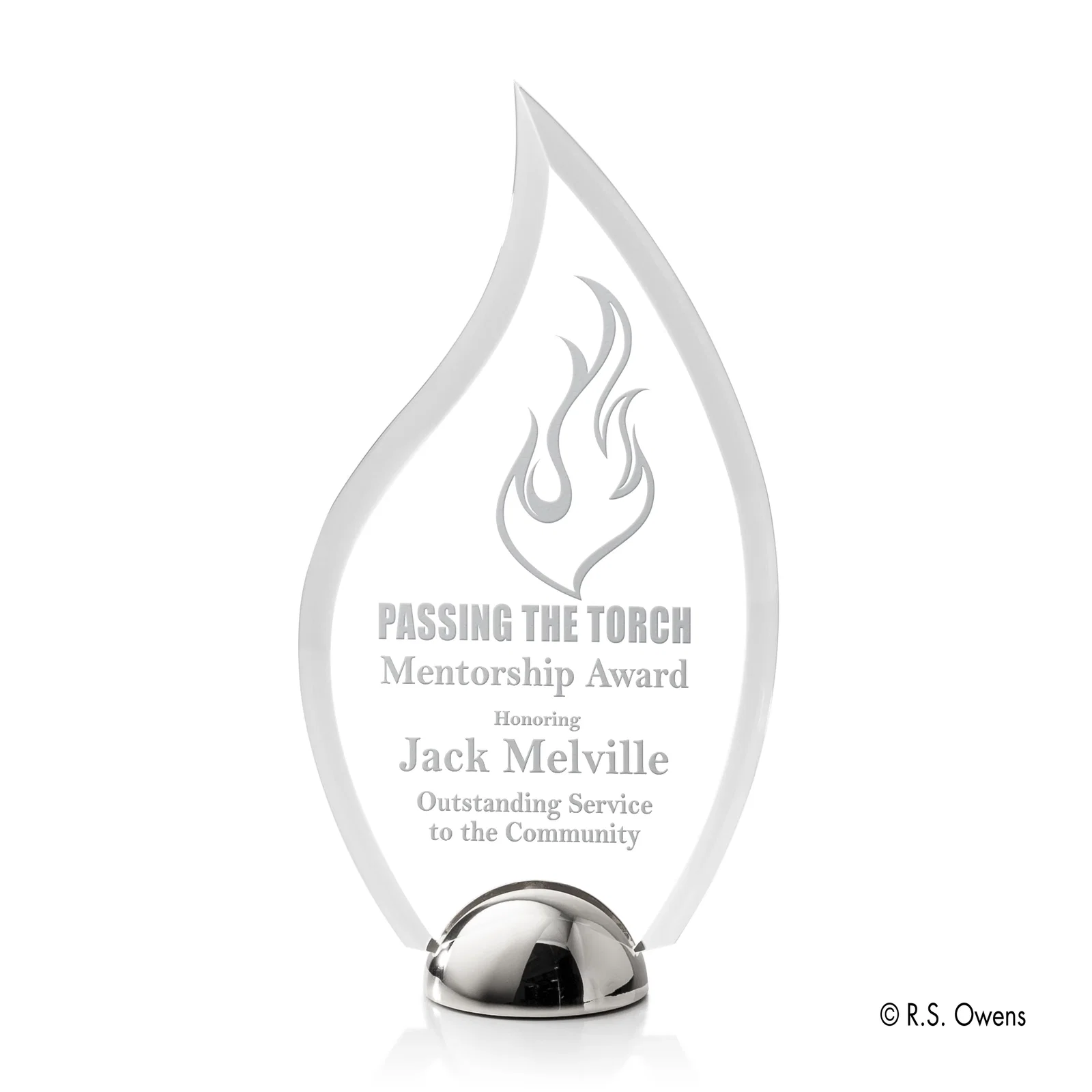Custom Beveled Acrylic Flame Award on Domed Cast Metal Hemisphere Base for sales achievement awards