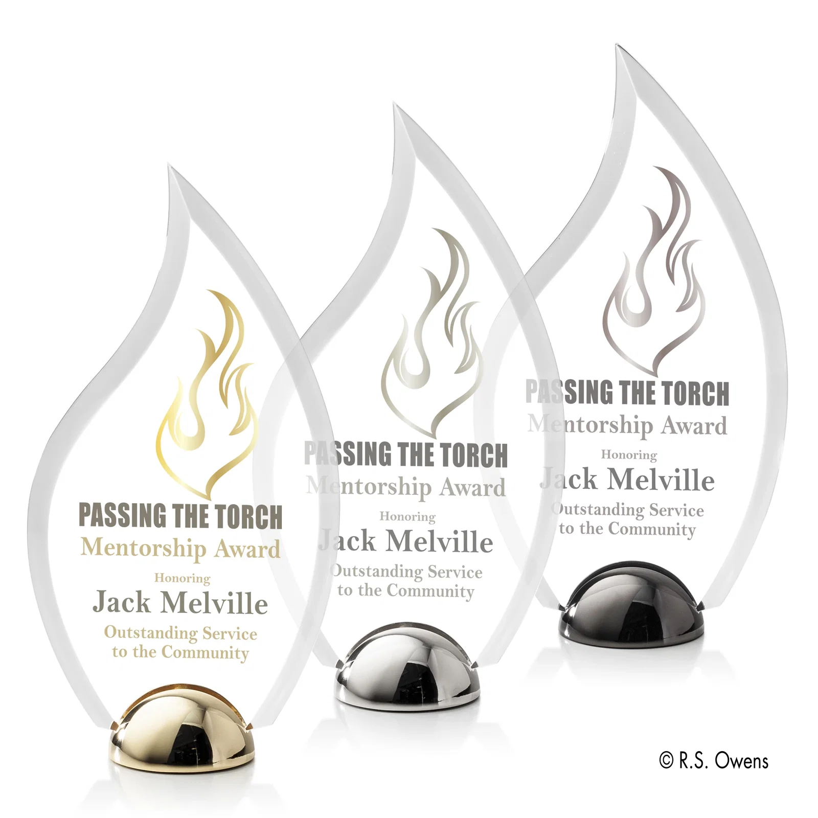 Custom Beveled Acrylic Flame Award on Domed Cast Metal Hemisphere Base for retirement presentations