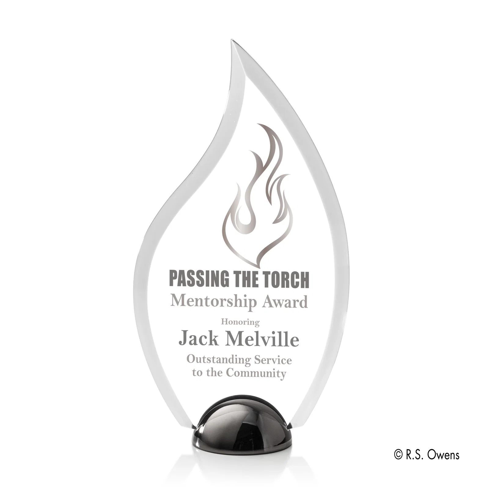 Custom Beveled Acrylic Flame Award on Domed Cast Metal Hemisphere Base for team milestone celebrations