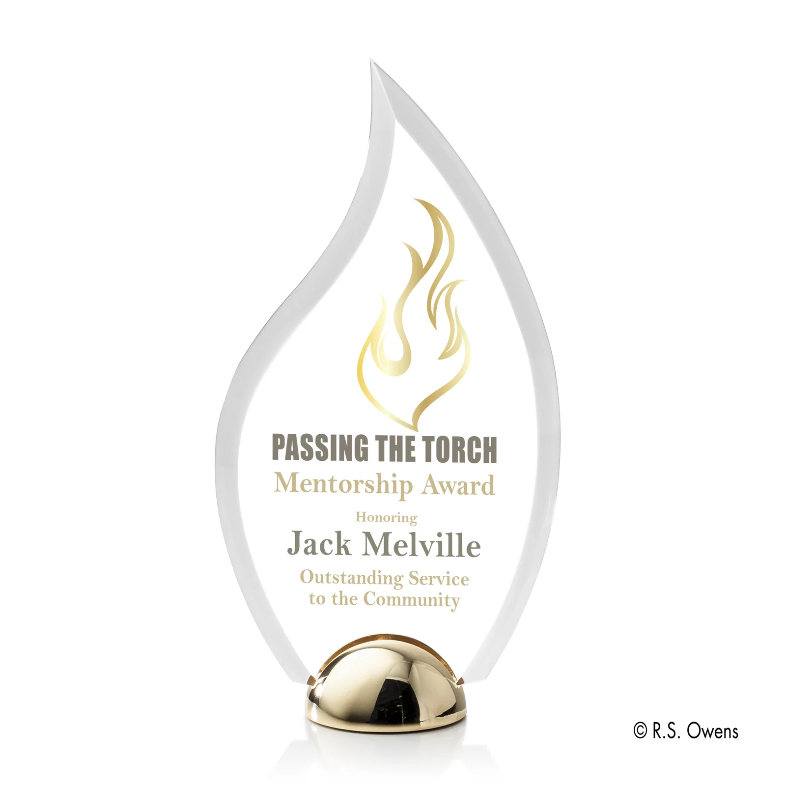 Custom Beveled Acrylic Flame Award on Domed Cast Metal Hemisphere Base for donor appreciation