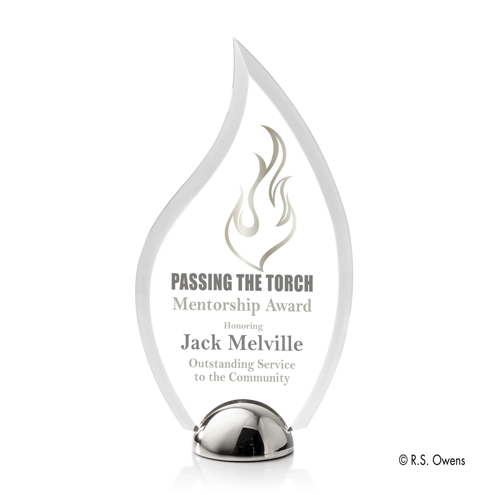 Custom Beveled Acrylic Flame Award on Domed Cast Metal Hemisphere Base for graduation ceremonies