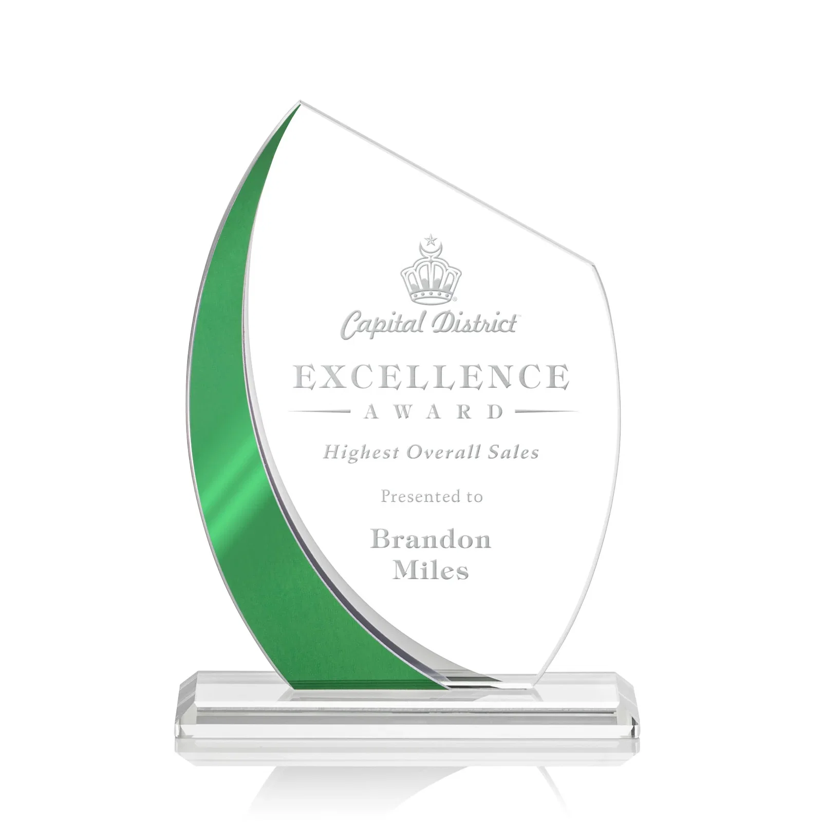 Custom Starfire Crystal Peak Award With Green Metallic Side Accent, awards for service anniversary gifts