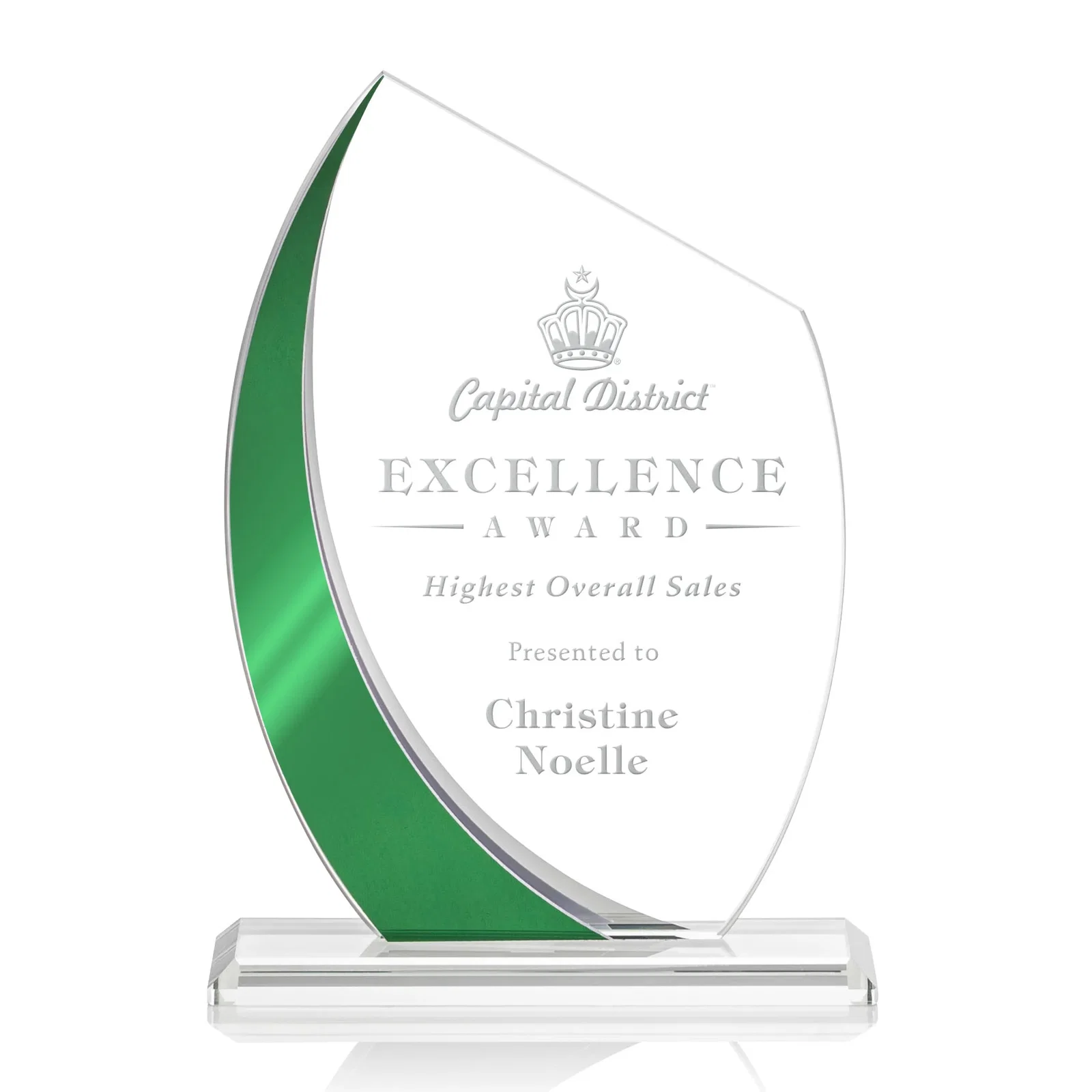 Custom Starfire Crystal Peak Award With Green Metallic Side Accent, awards for sales achievement awards