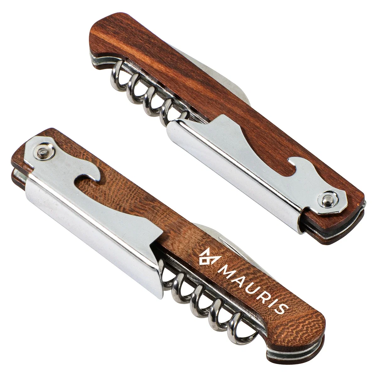 Custom Waiter's 3-in-1 Bottle Opener with Wooden Handle, front view of the branded bar tool