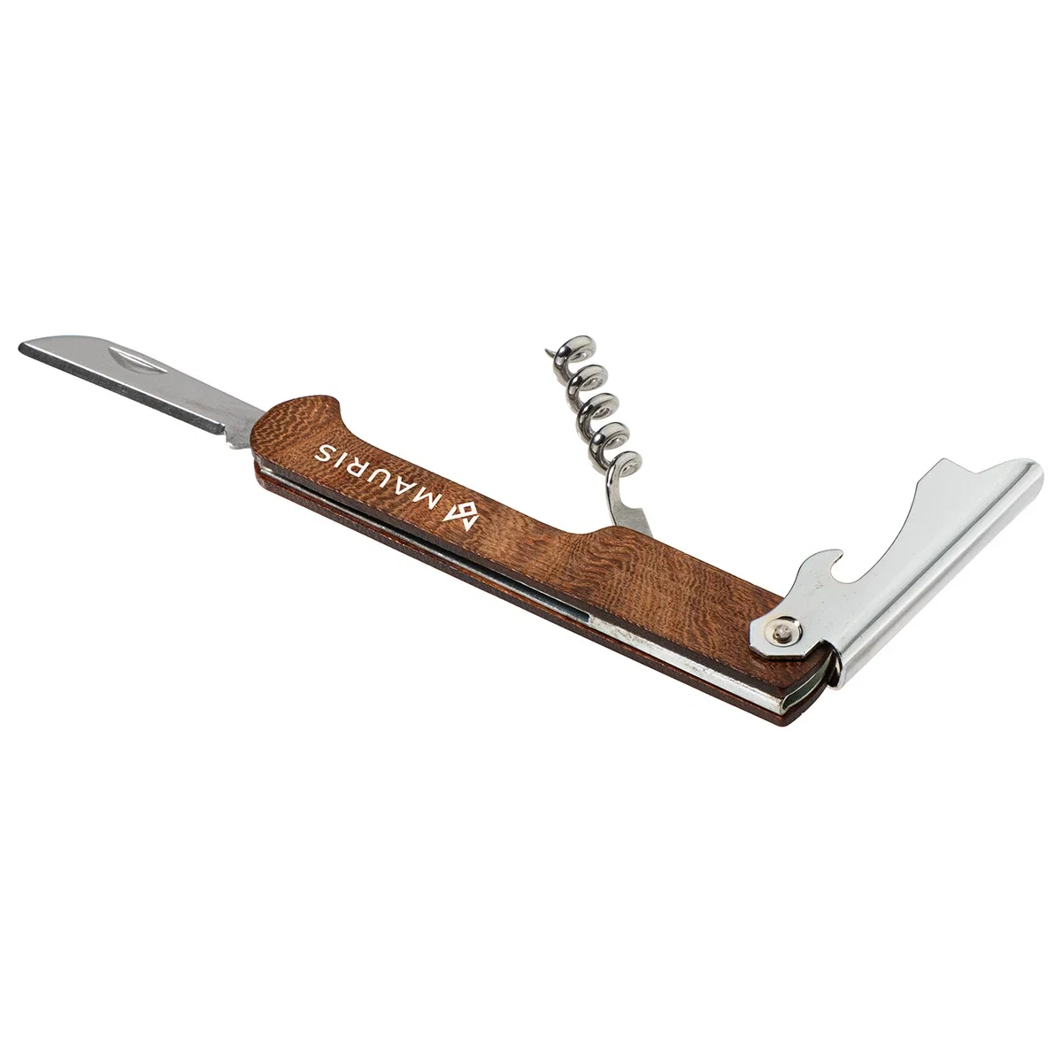 Close-up of the custom Waiter's 3-in-1 Bottle Opener's wooden handle logo imprint area