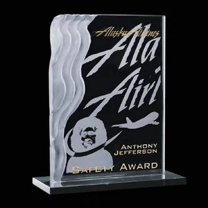 Jade Glass Award With a Sculpted Wave Edge on a Marble Base