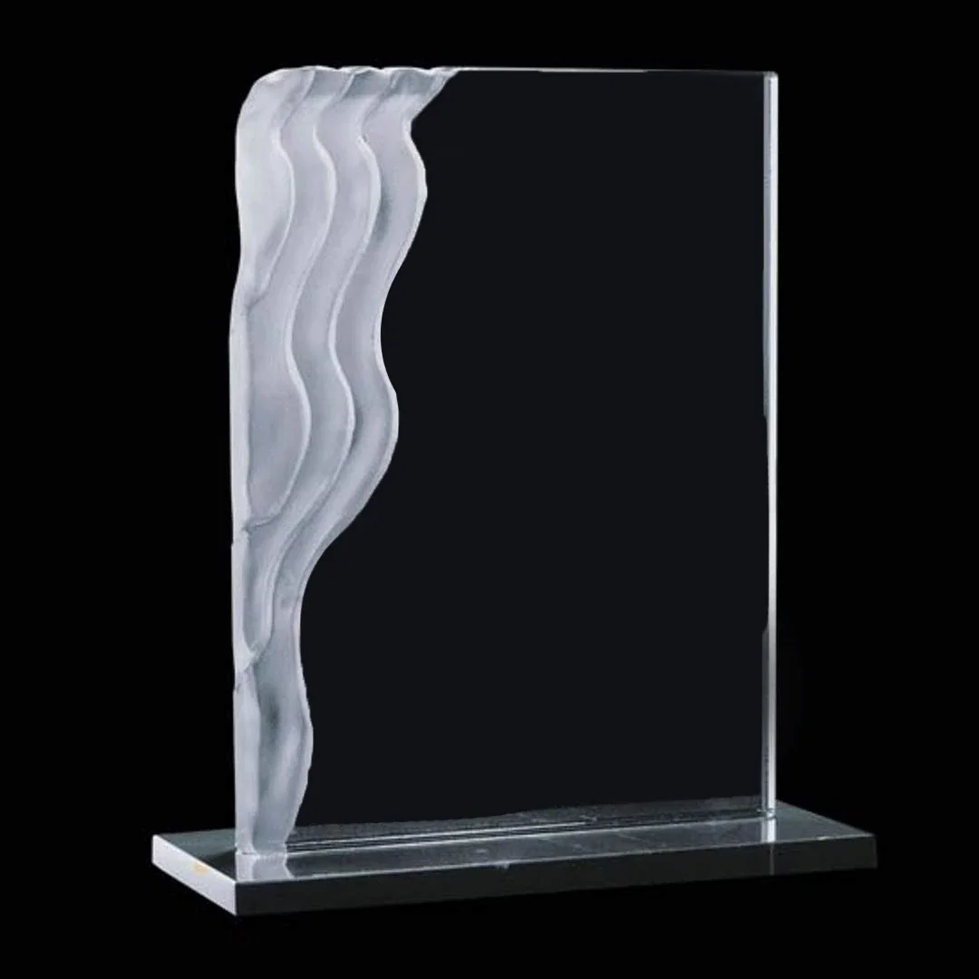 Custom Jade Glass Award With a Sculpted Wave Edge on a Marble Base for service anniversary gifts