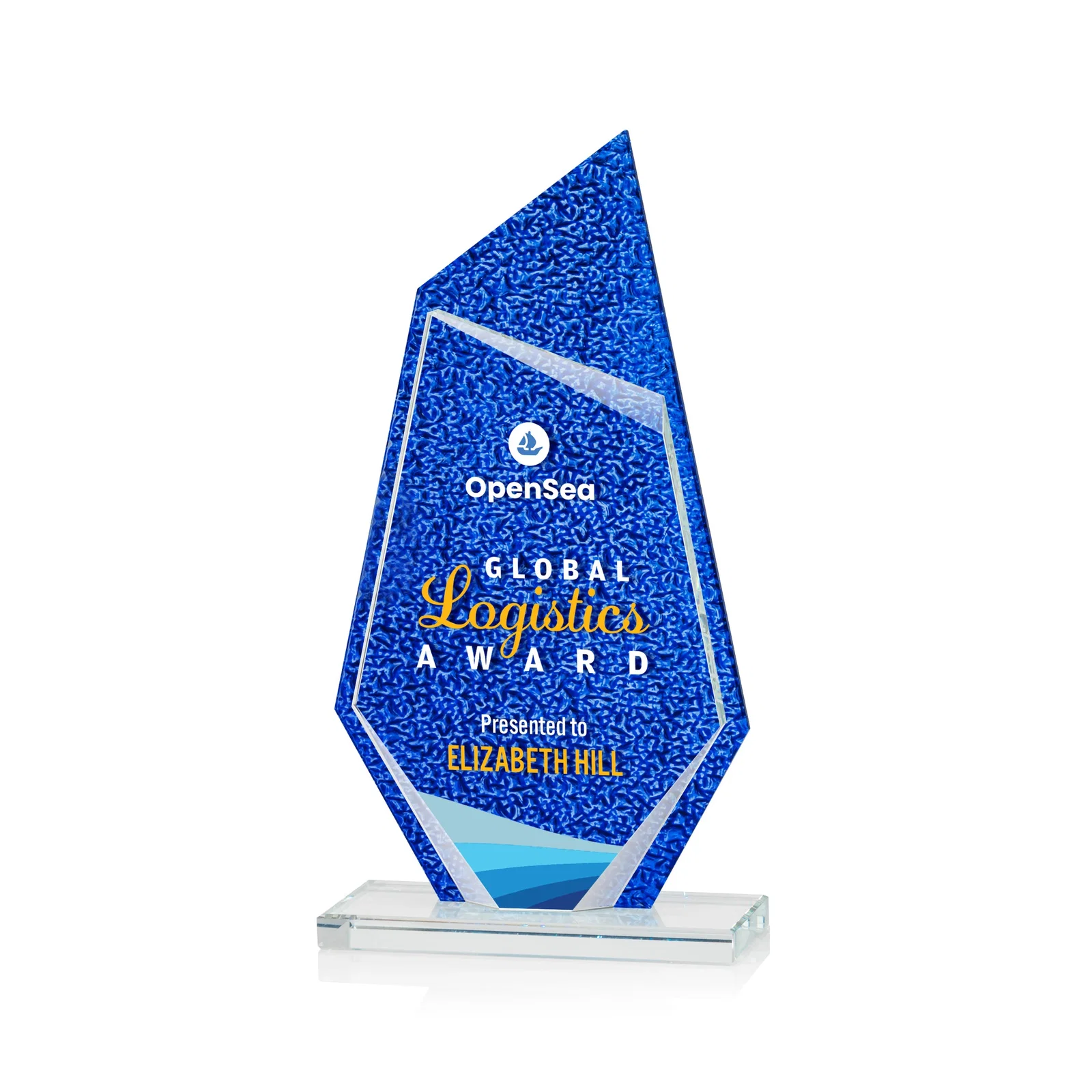 Custom Starfire Crystal Peak Award with a Stained-Glass Texture Layer, awards for donor appreciation