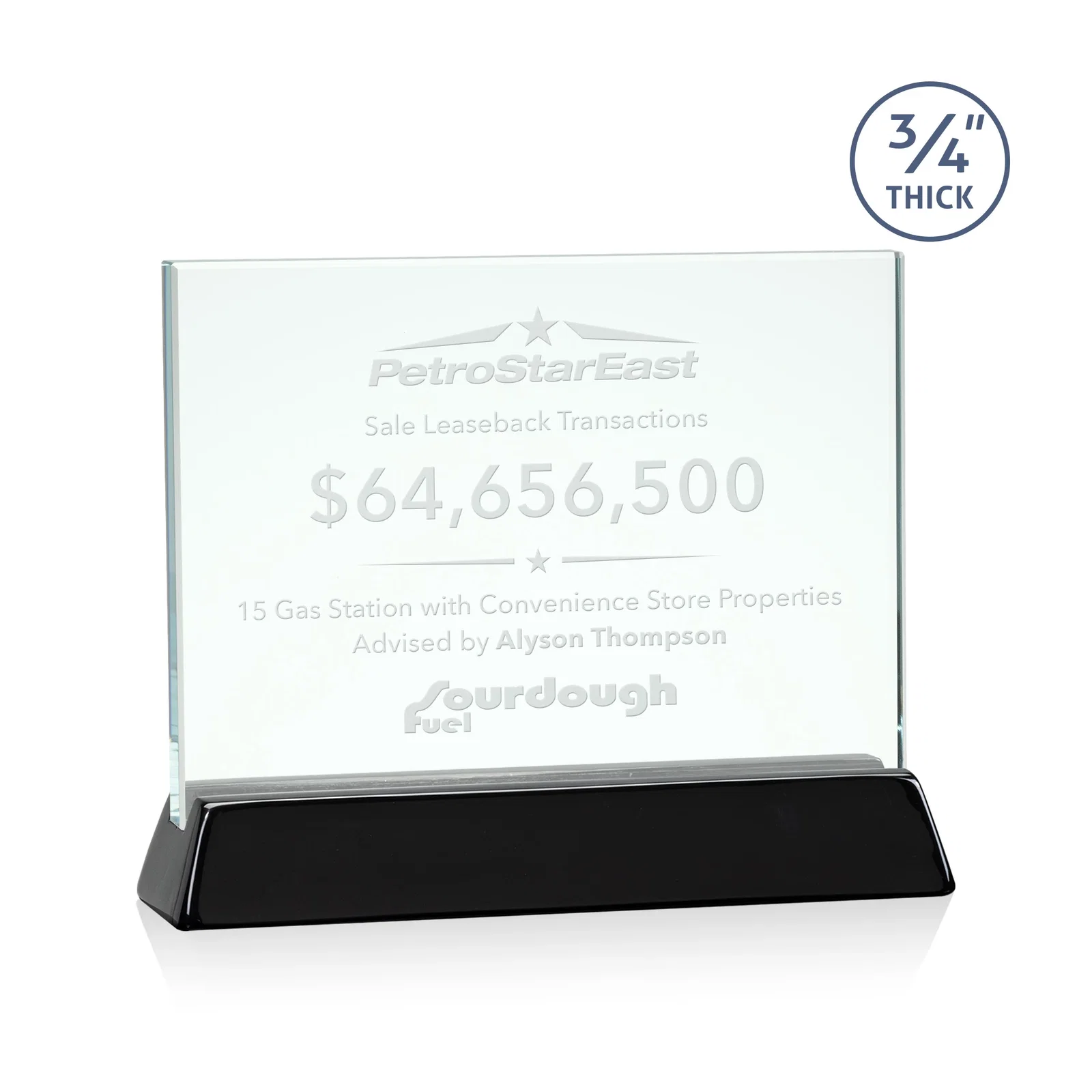 Custom Jade Glass Horizontal Award, 3/4-Inch Thick, on a Rosewood Base for dealer and partner awards
