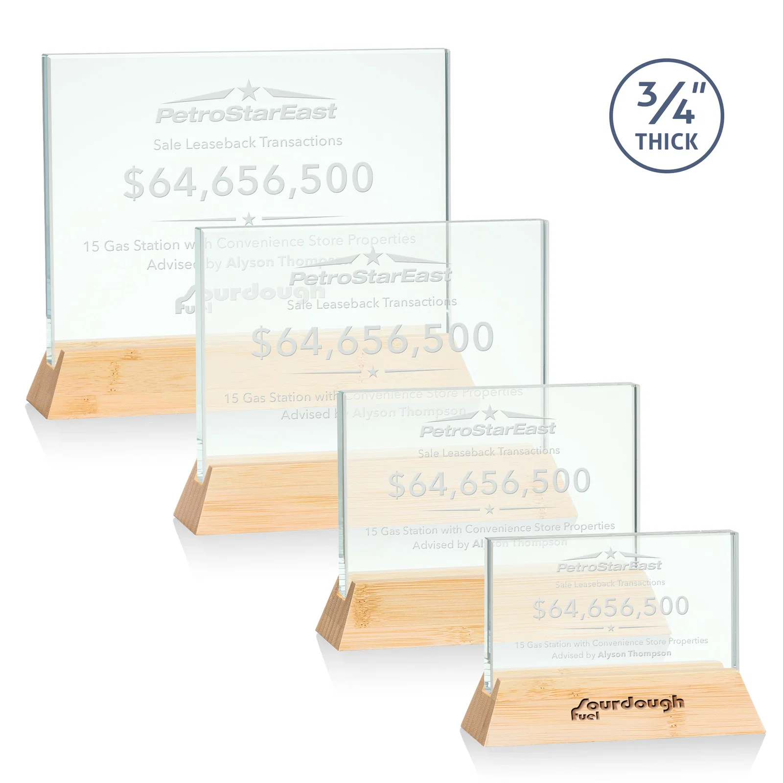 Custom Jade Glass Horizontal Award, 3/4-Inch Thick, on a Rosewood Base for company anniversary events