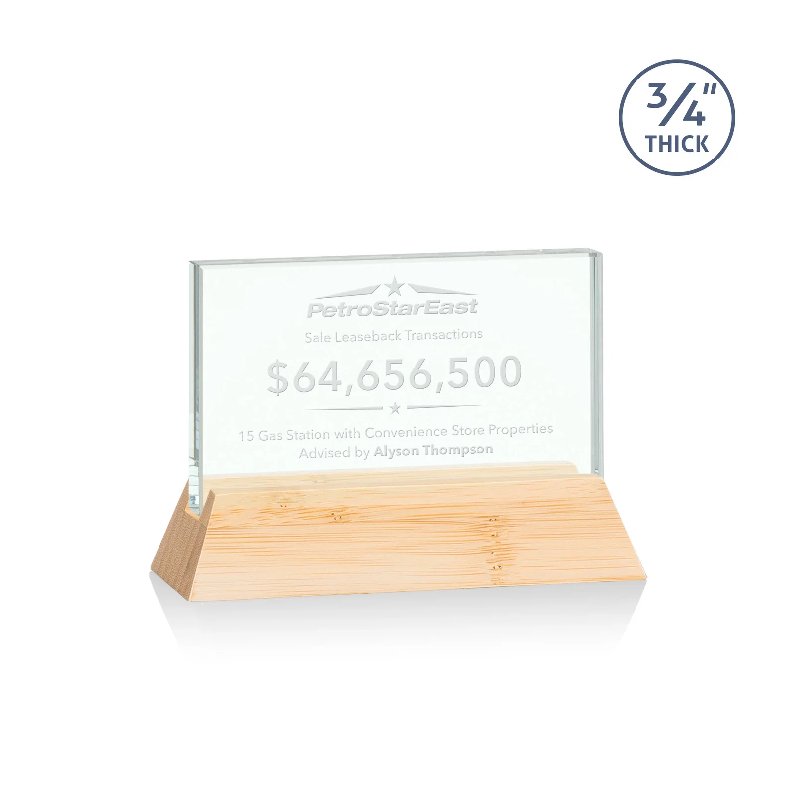 Personalized Jade Glass Horizontal Award, 3/4-Inch Thick, on a Rosewood Base for employee recognition