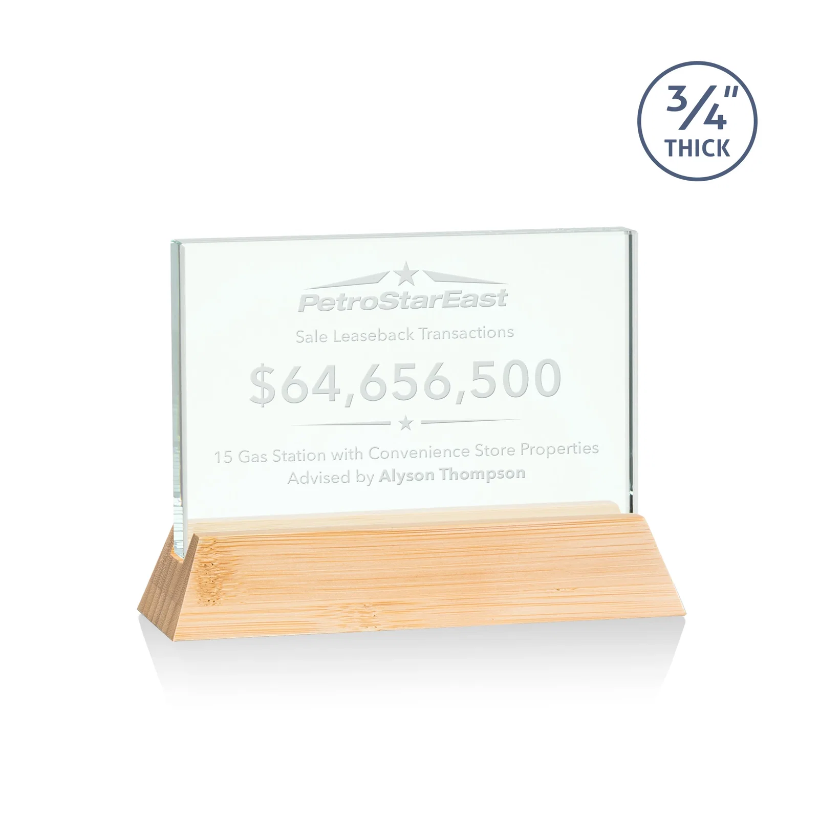 Personalized Jade Glass Horizontal Award, 3/4-Inch Thick, on a Rosewood Base for corporate award ceremonies