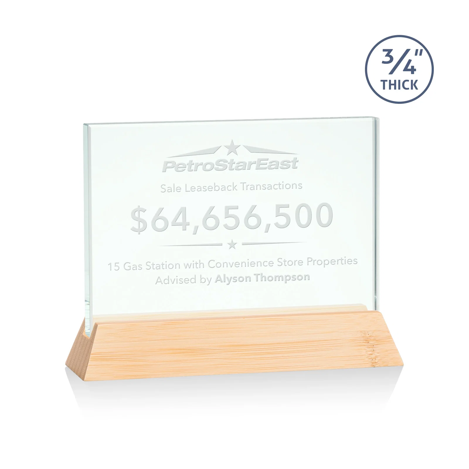 Personalized Jade Glass Horizontal Award, 3/4-Inch Thick, on a Rosewood Base for service anniversary gifts