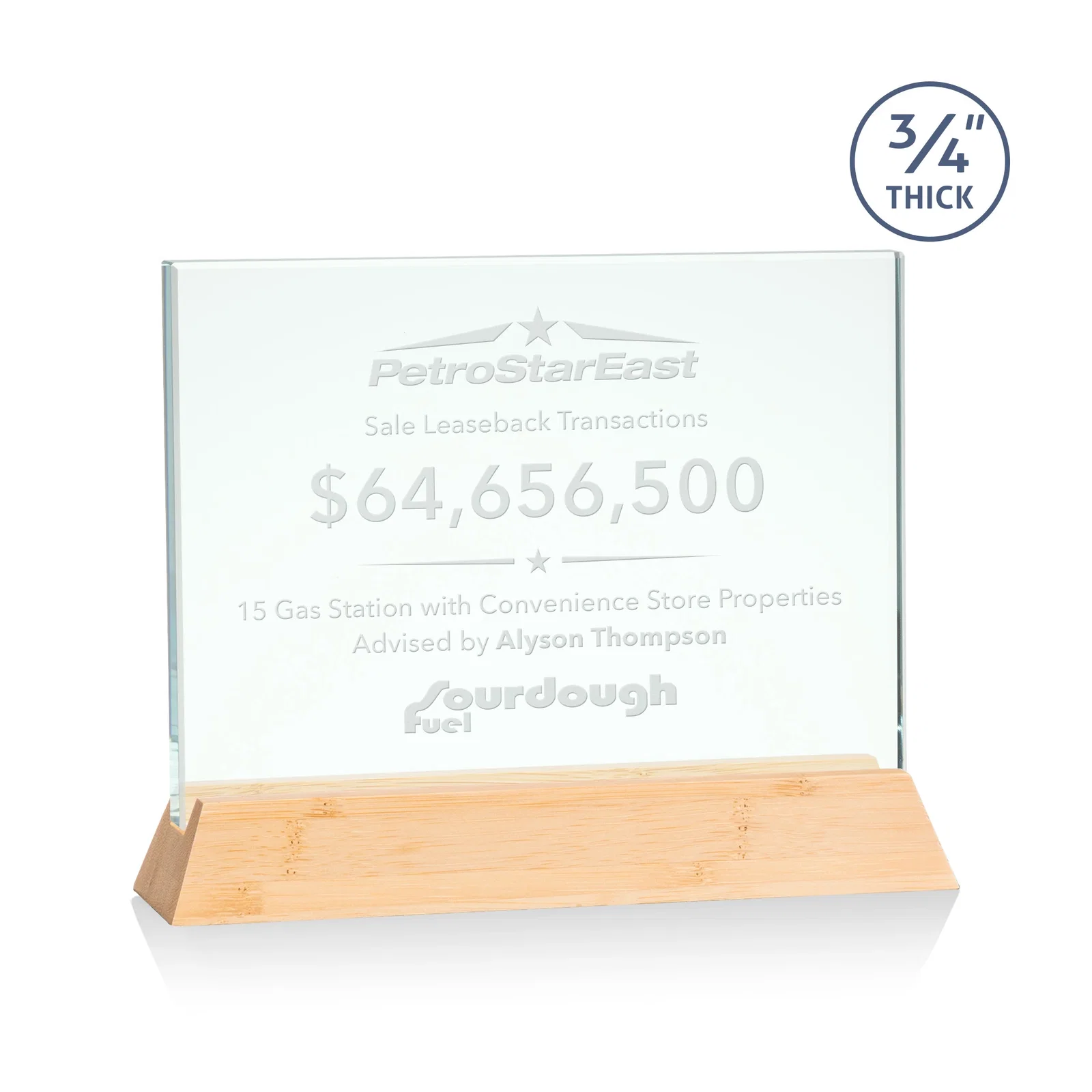 Personalized Jade Glass Horizontal Award, 3/4-Inch Thick, on a Rosewood Base for sales achievement awards