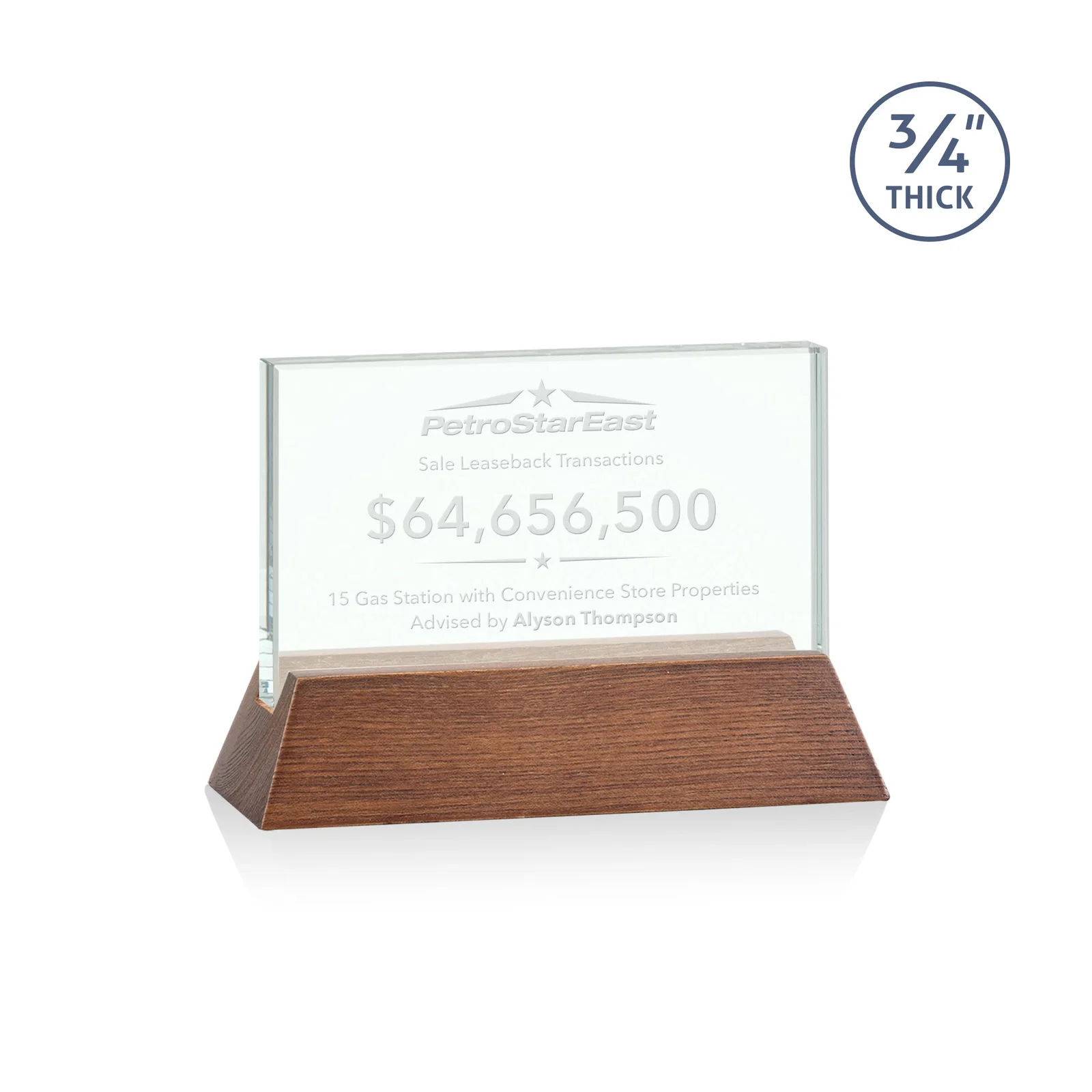 Personalized Jade Glass Horizontal Award, 3/4-Inch Thick, on a Rosewood Base for team milestone celebrations