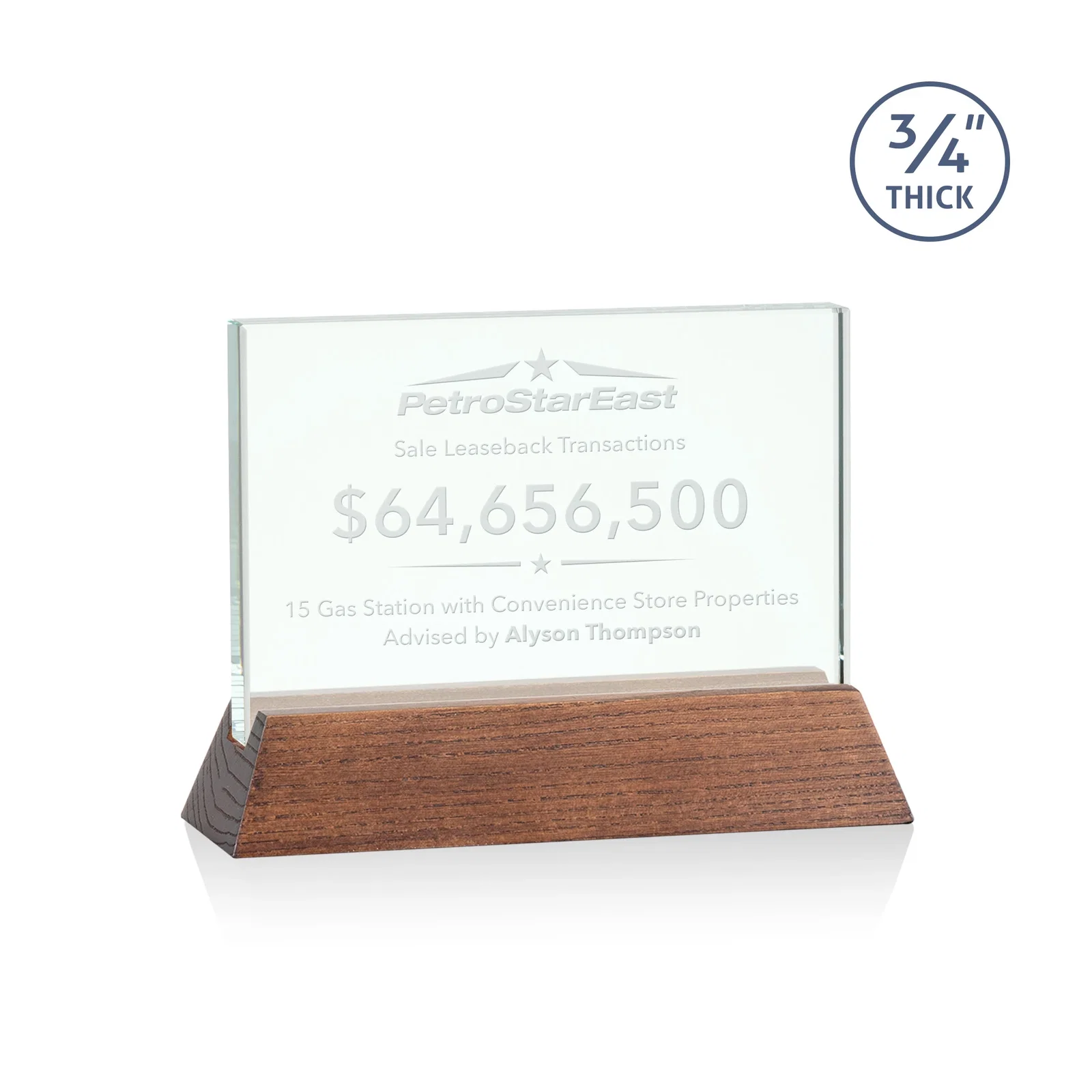 Personalized Jade Glass Horizontal Award, 3/4-Inch Thick, on a Rosewood Base for donor appreciation