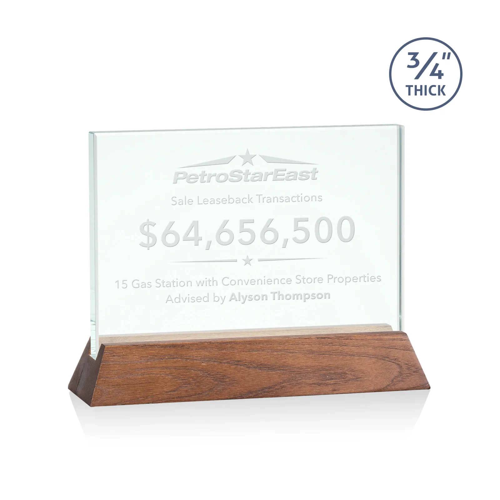 Personalized Jade Glass Horizontal Award, 3/4-Inch Thick, on a Rosewood Base for graduation ceremonies