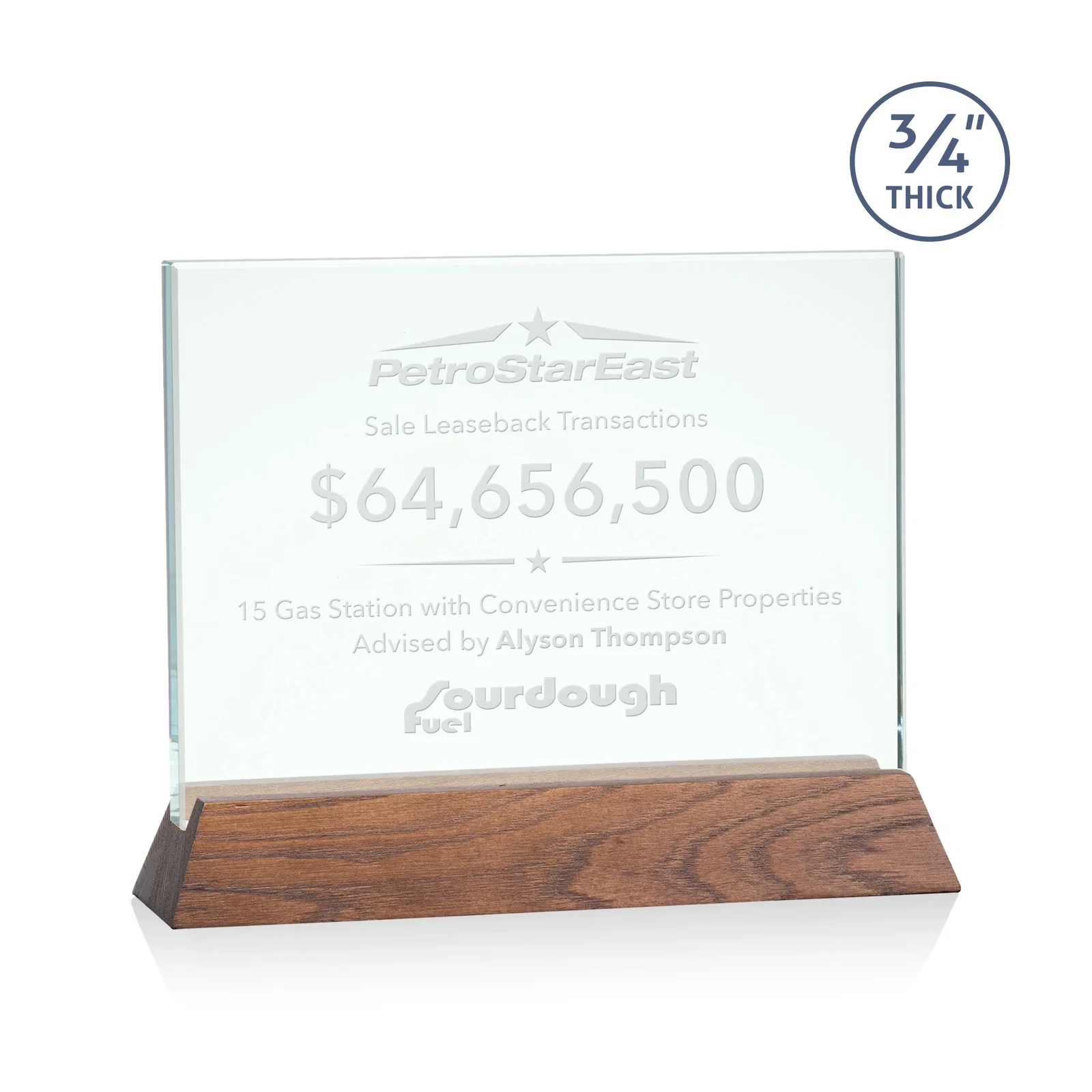 Personalized Jade Glass Horizontal Award, 3/4-Inch Thick, on a Rosewood Base for safety achievement programs