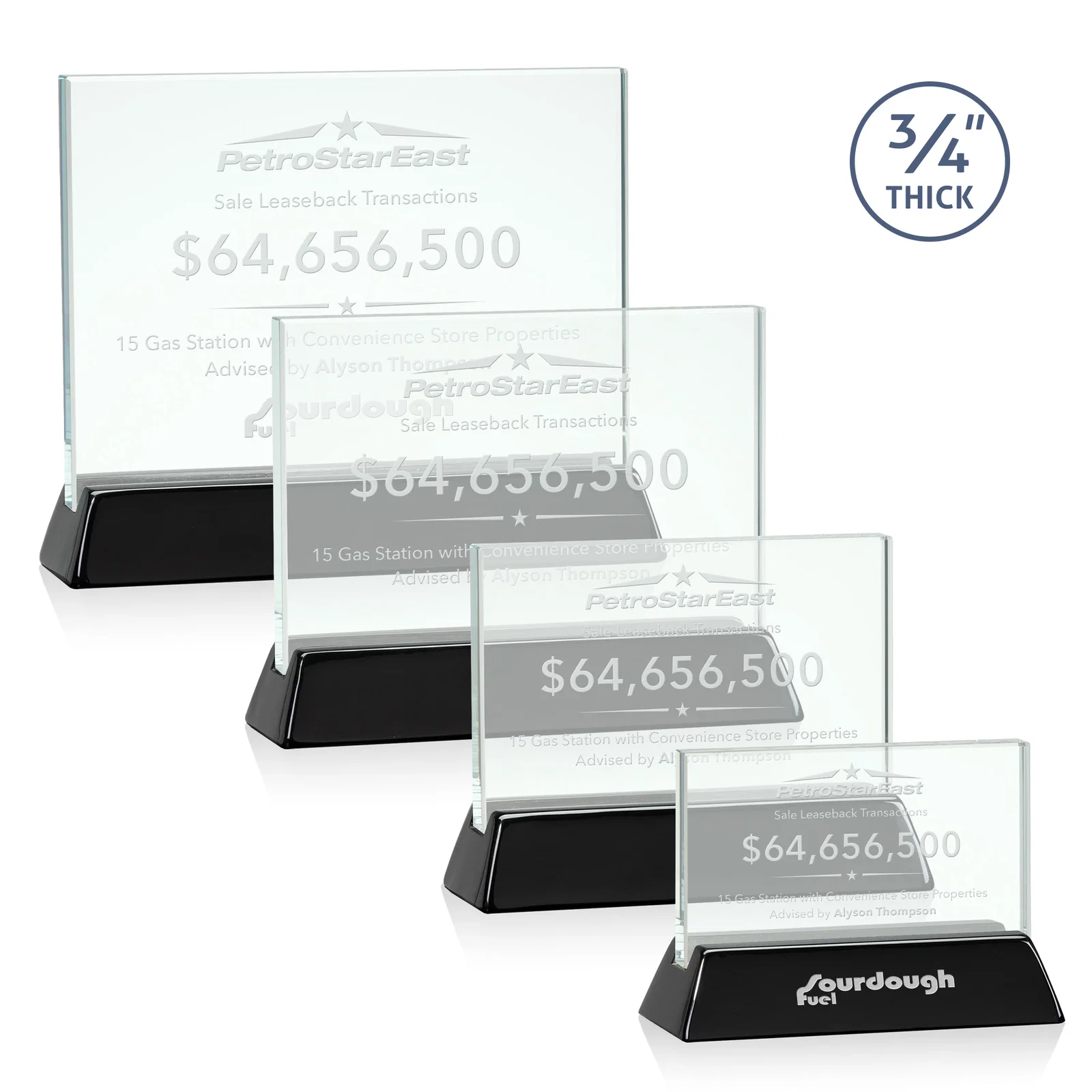 Custom Jade Glass Horizontal Award, 3/4-Inch Thick, on a Rosewood Base for donor appreciation
