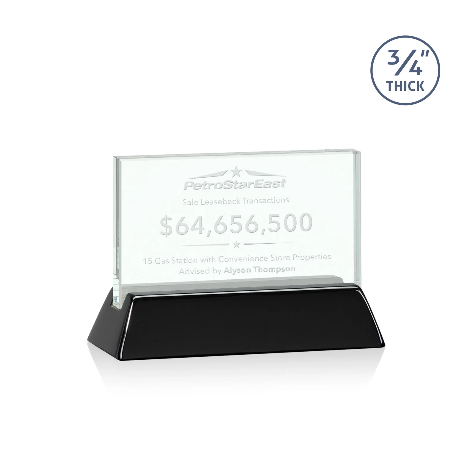 Custom Jade Glass Horizontal Award, 3/4-Inch Thick, on a Rosewood Base for graduation ceremonies