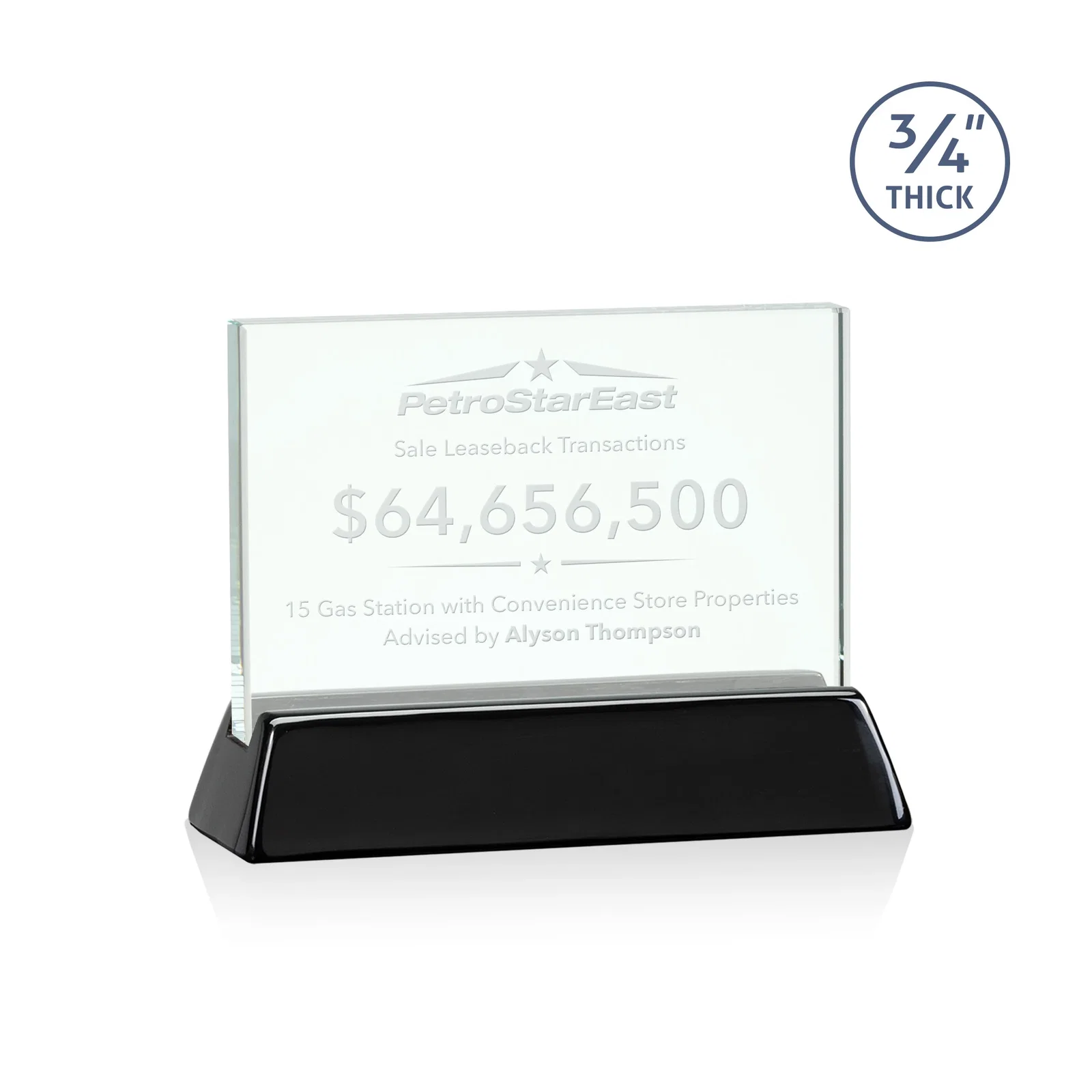 Custom Jade Glass Horizontal Award, 3/4-Inch Thick, on a Rosewood Base for safety achievement programs