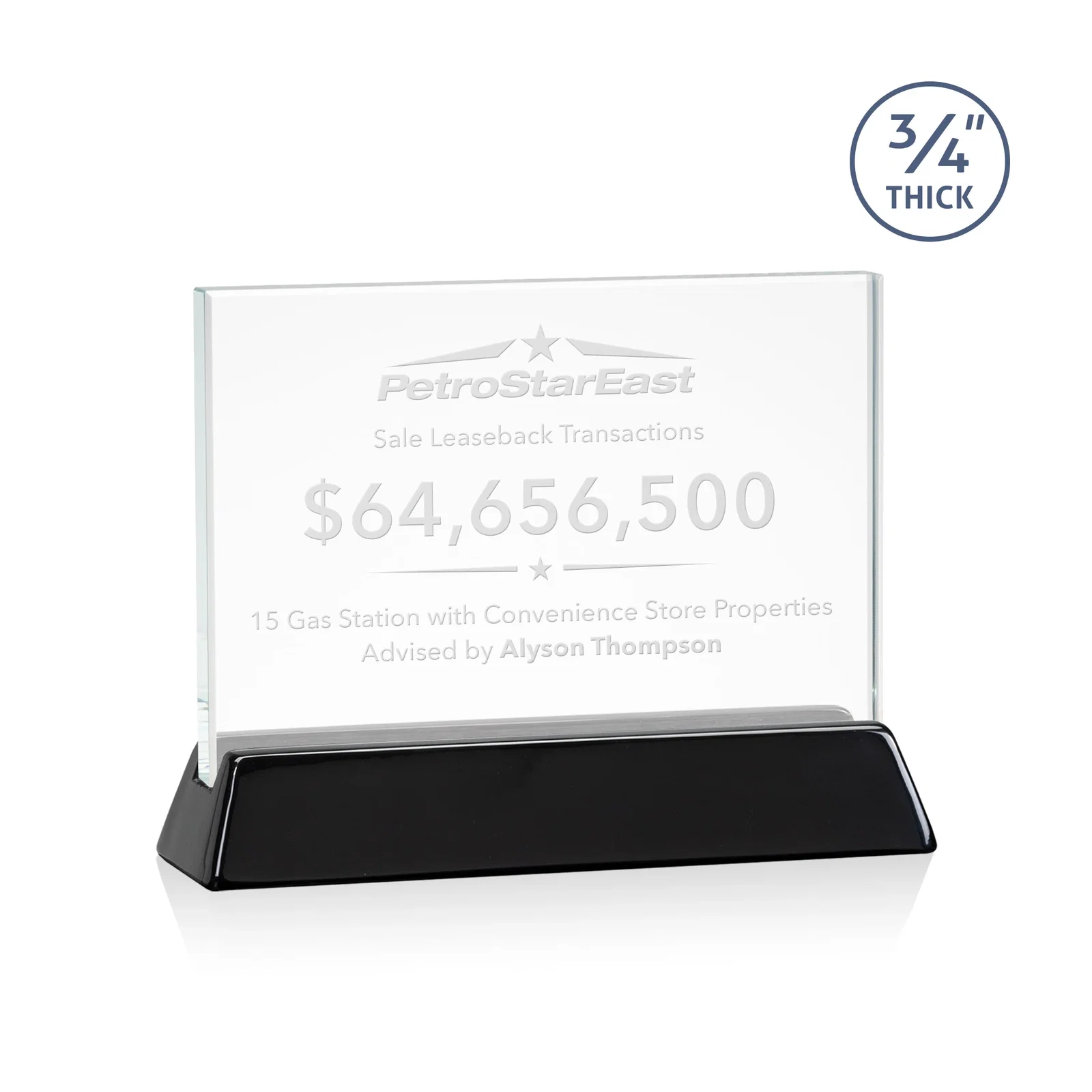 Custom Starfire Crystal Rectangular Award on Piano-Finish Wood Base for volunteer appreciation