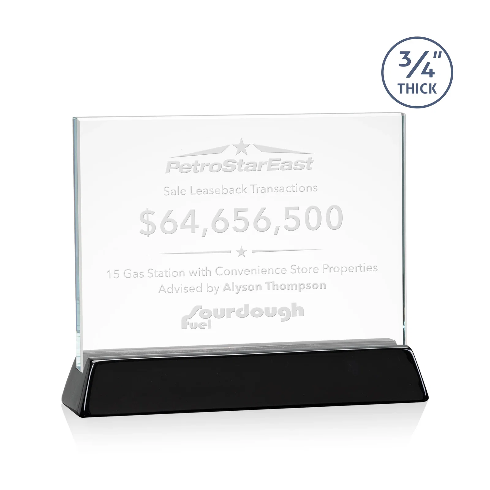 Custom Starfire Crystal Rectangular Award on Piano-Finish Wood Base for dealer and partner awards