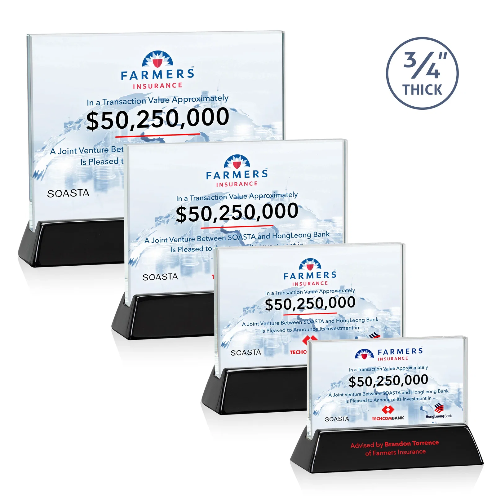 Custom Starfire Crystal Rectangular Award on Piano-Finish Wood Base for company anniversary events