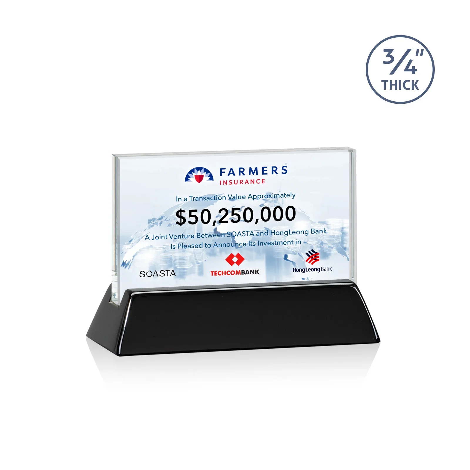 Personalized Starfire Crystal Rectangular Award on Piano-Finish Wood Base for employee recognition