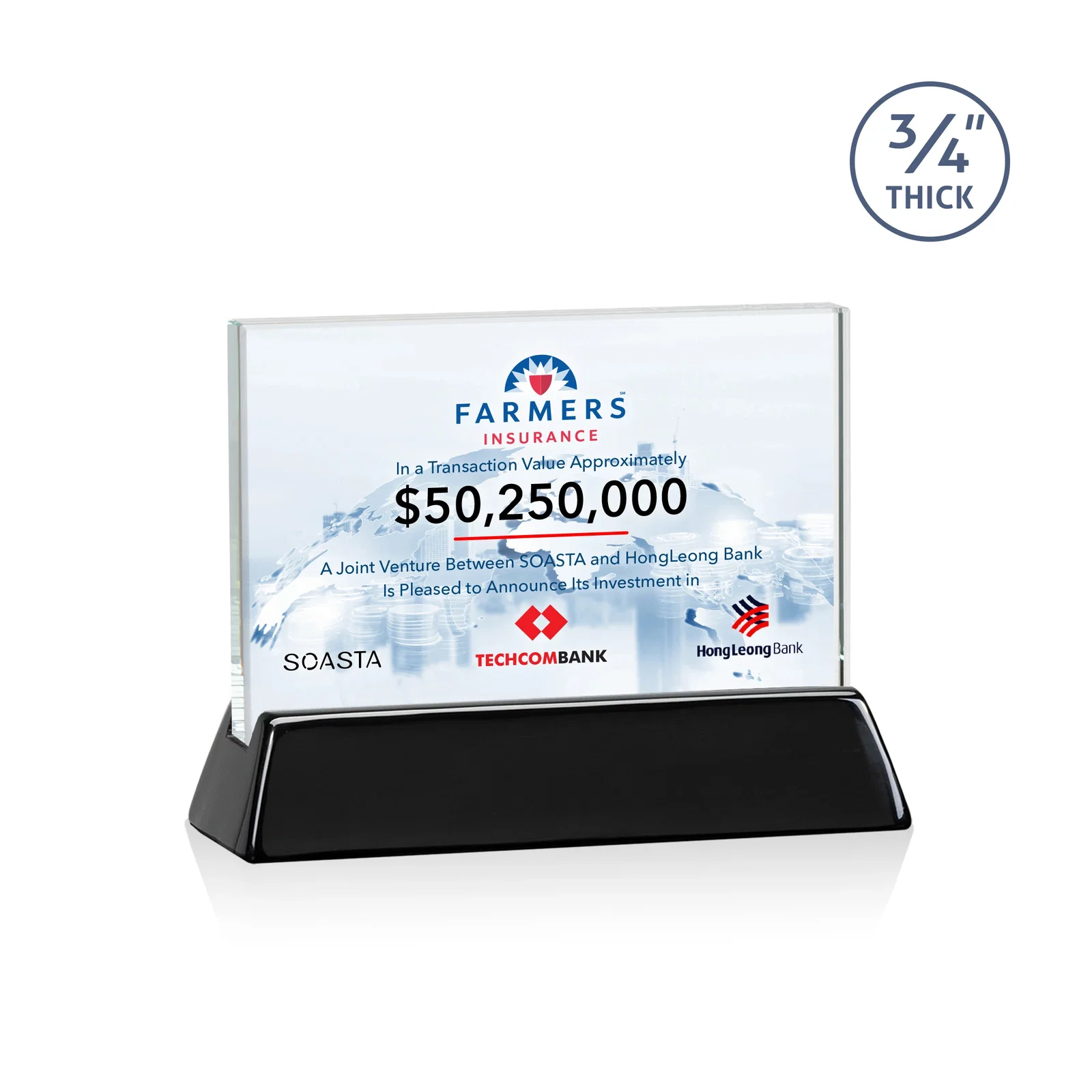 Personalized Starfire Crystal Rectangular Award on Piano-Finish Wood Base for corporate award ceremonies