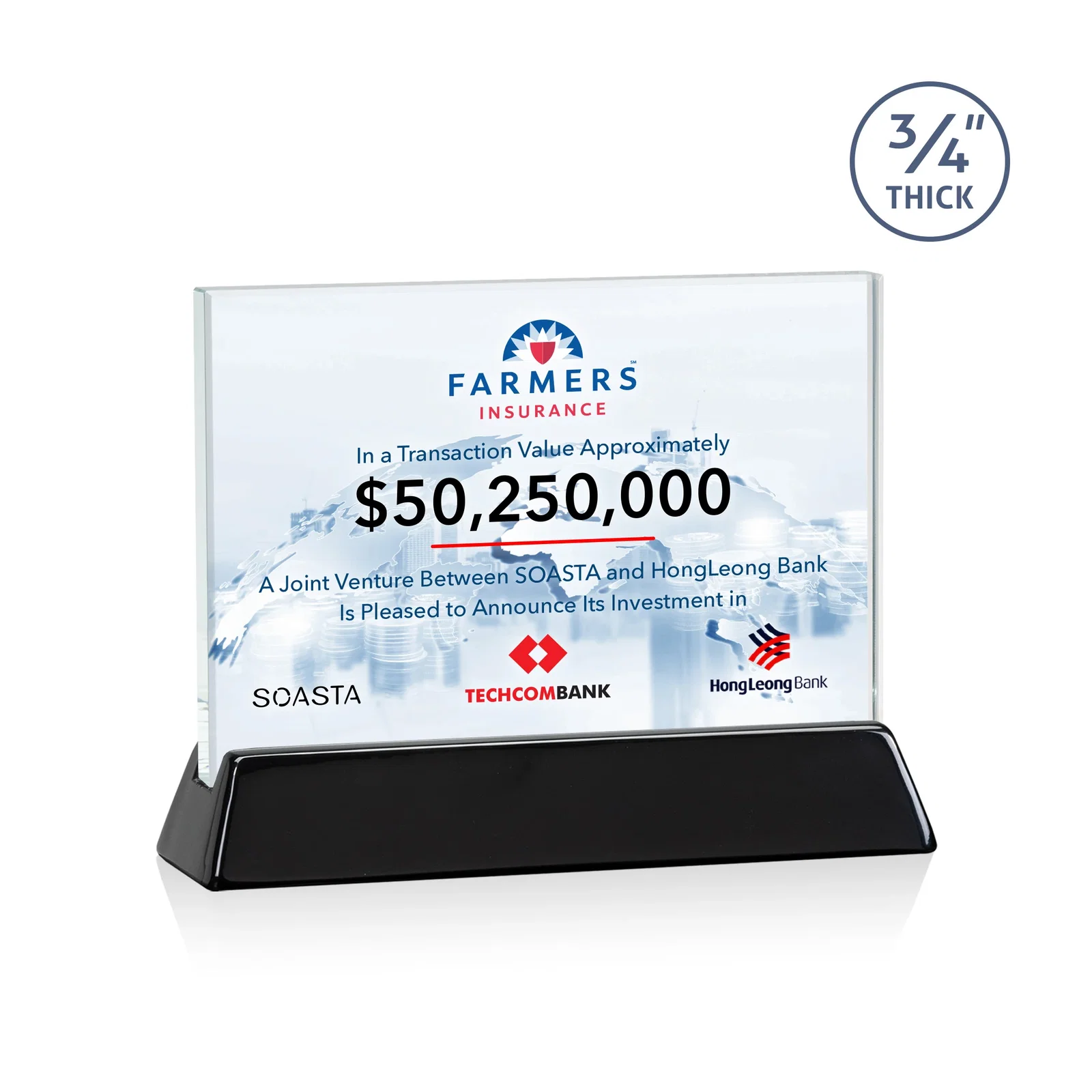 Personalized Starfire Crystal Rectangular Award on Piano-Finish Wood Base for service anniversary gifts