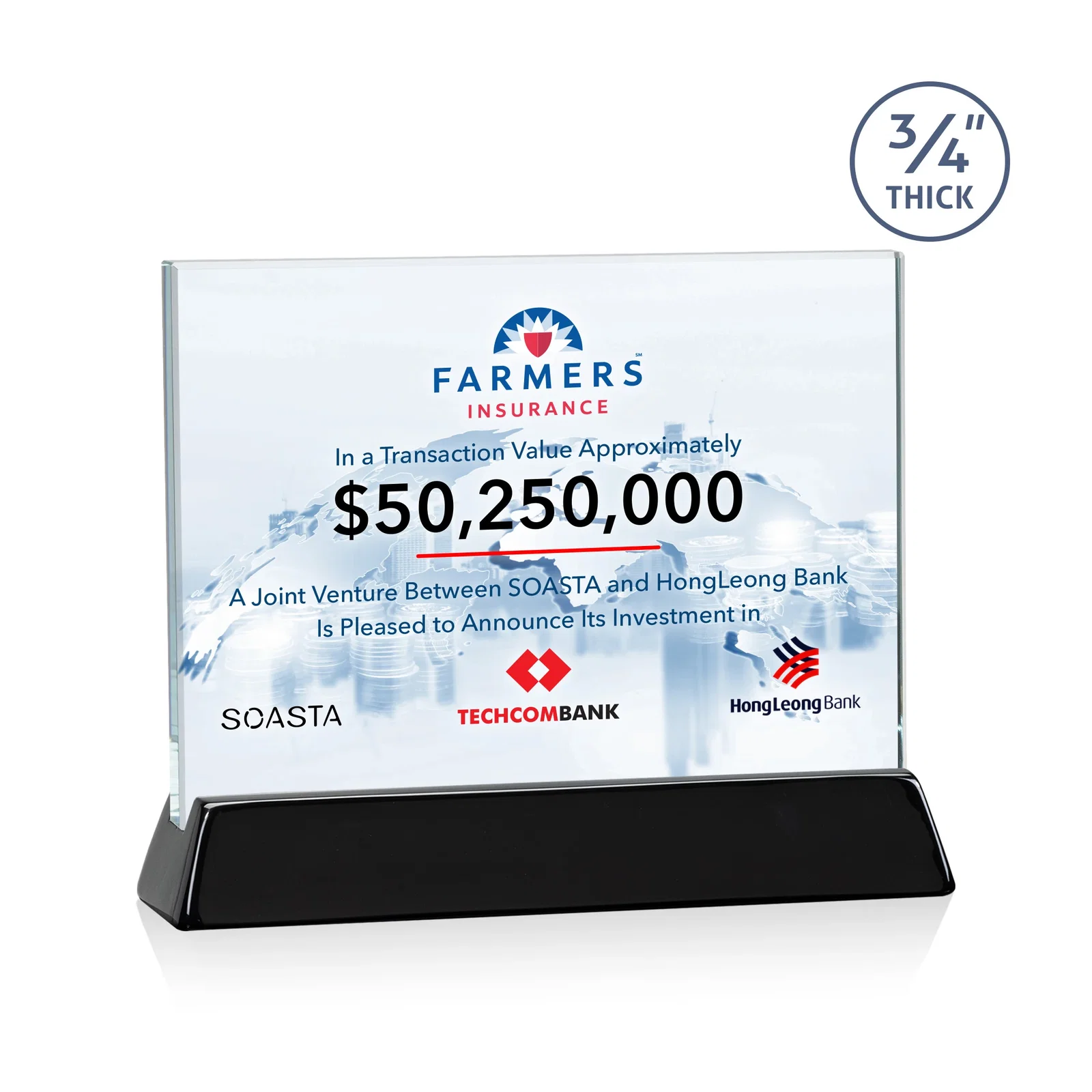 Personalized Starfire Crystal Rectangular Award on Piano-Finish Wood Base for sales achievement awards