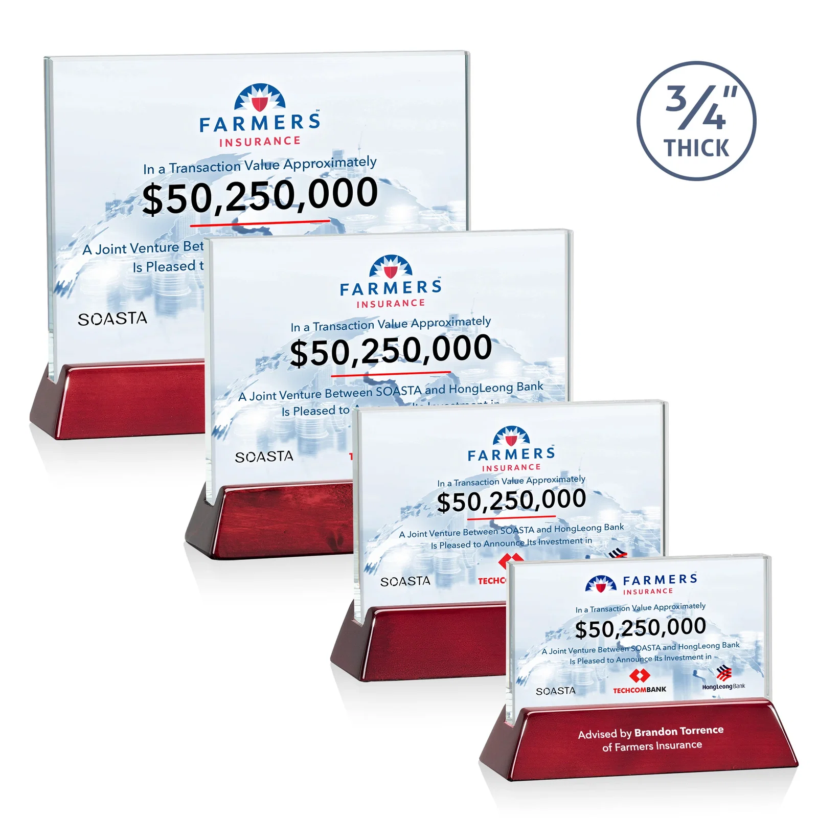 Personalized Starfire Crystal Rectangular Award on Piano-Finish Wood Base for retirement presentations