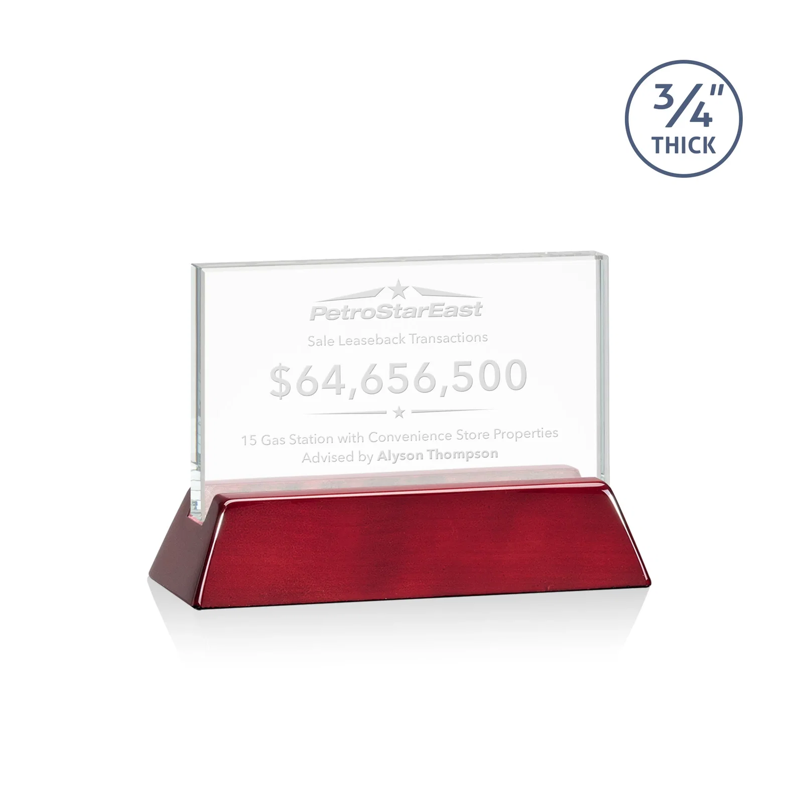Custom Starfire Crystal Rectangular Award on Piano-Finish Wood Base for corporate award ceremonies