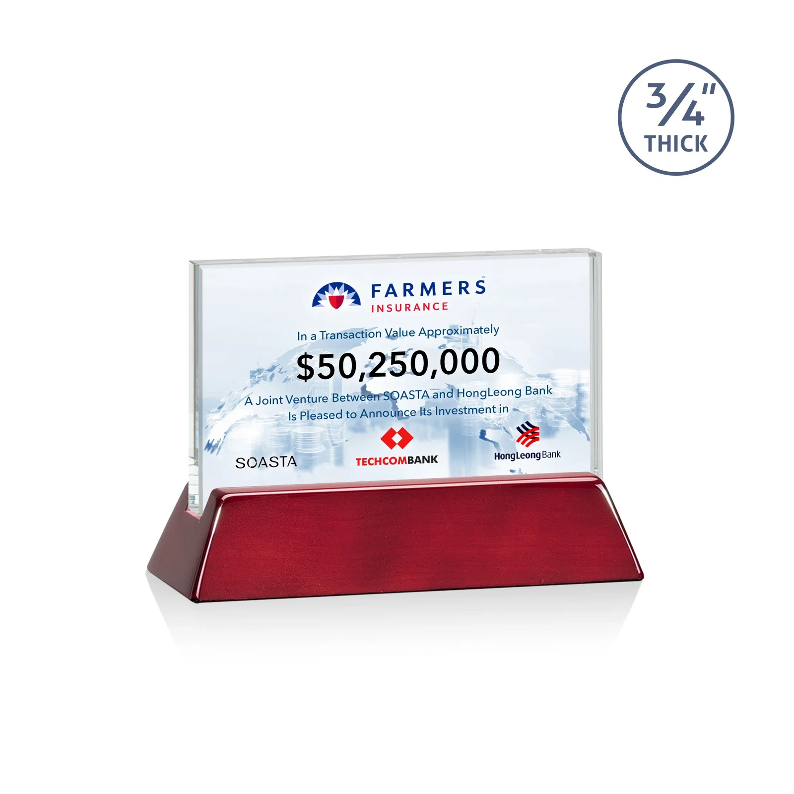 Personalized Starfire Crystal Rectangular Award on Piano-Finish Wood Base for team milestone celebrations