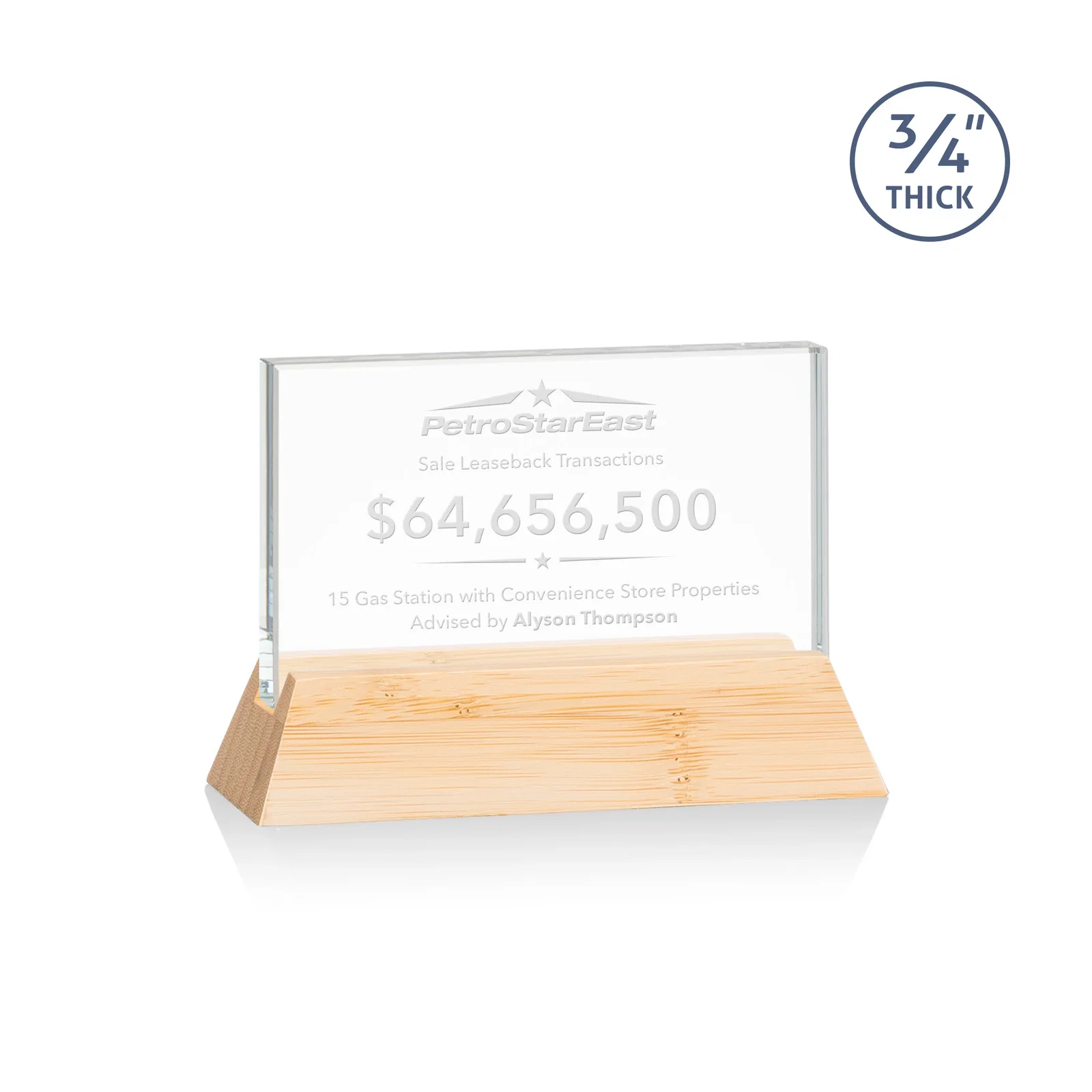 Personalized Starfire Crystal Rectangular Award on Piano-Finish Wood Base for dealer and partner awards