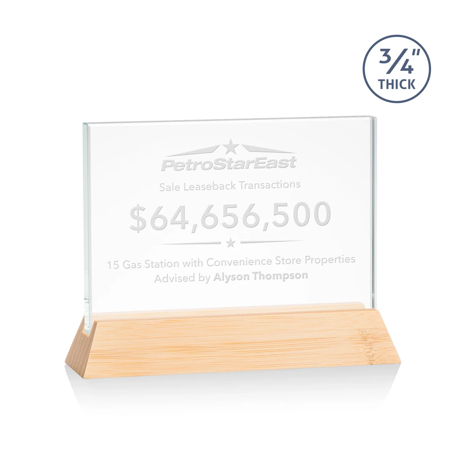 Promotional Starfire Crystal Rectangular Award on Piano-Finish Wood Base for employee recognition