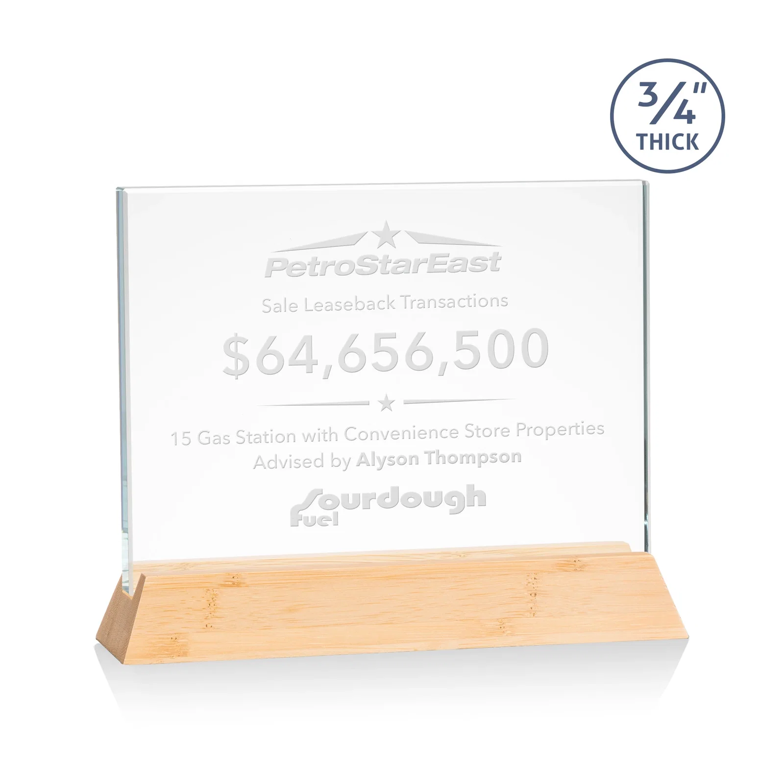 Promotional Starfire Crystal Rectangular Award on Piano-Finish Wood Base for corporate award ceremonies