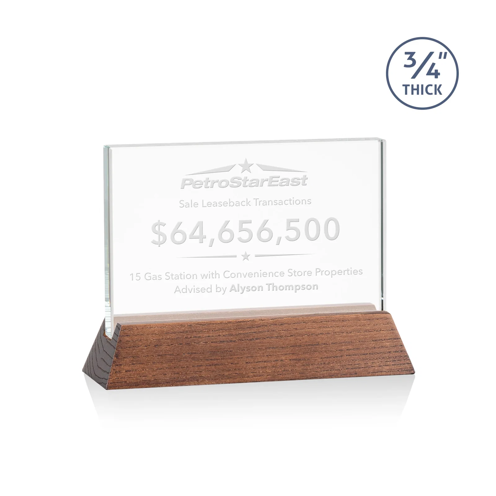 Promotional Starfire Crystal Rectangular Award on Piano-Finish Wood Base for retirement presentations
