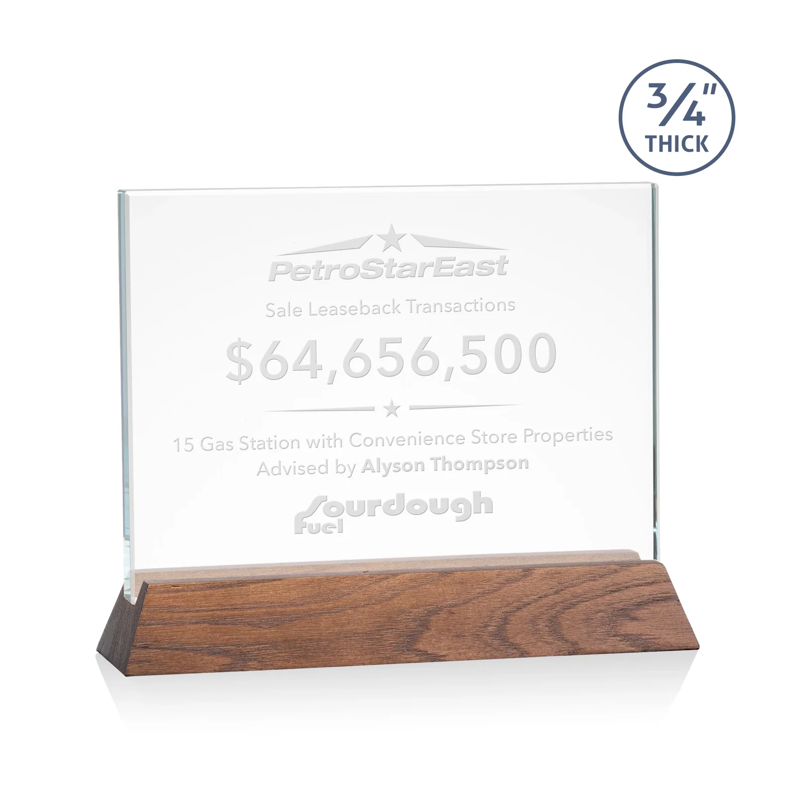 Promotional Starfire Crystal Rectangular Award on Piano-Finish Wood Base for donor appreciation
