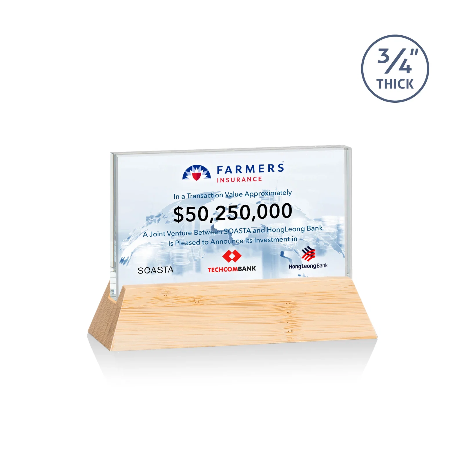 Promotional Starfire Crystal Rectangular Award on Piano-Finish Wood Base for safety achievement programs