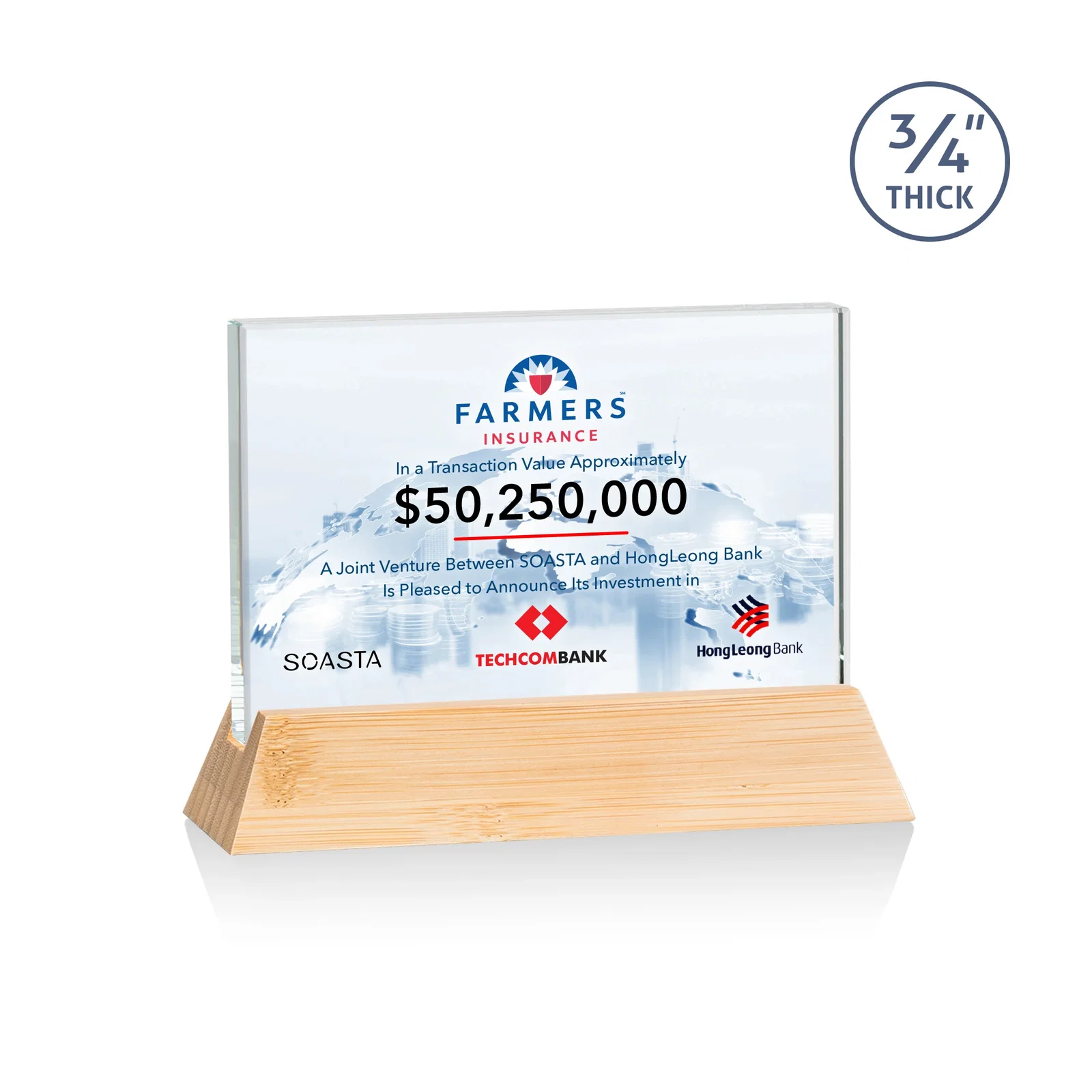 Promotional Starfire Crystal Rectangular Award on Piano-Finish Wood Base for volunteer appreciation