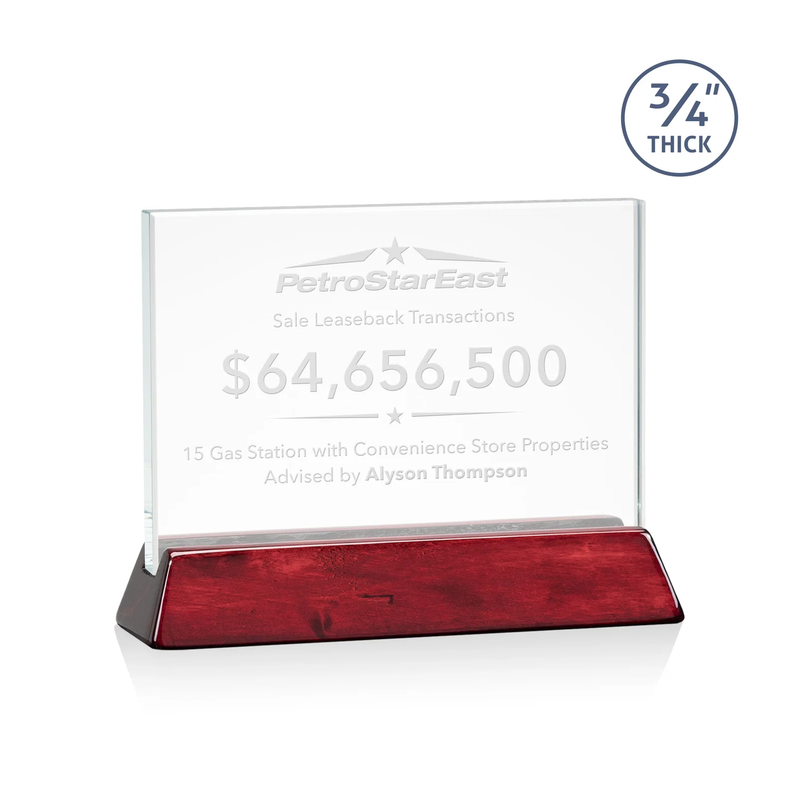 Custom Starfire Crystal Rectangular Award on Piano-Finish Wood Base for sales achievement awards