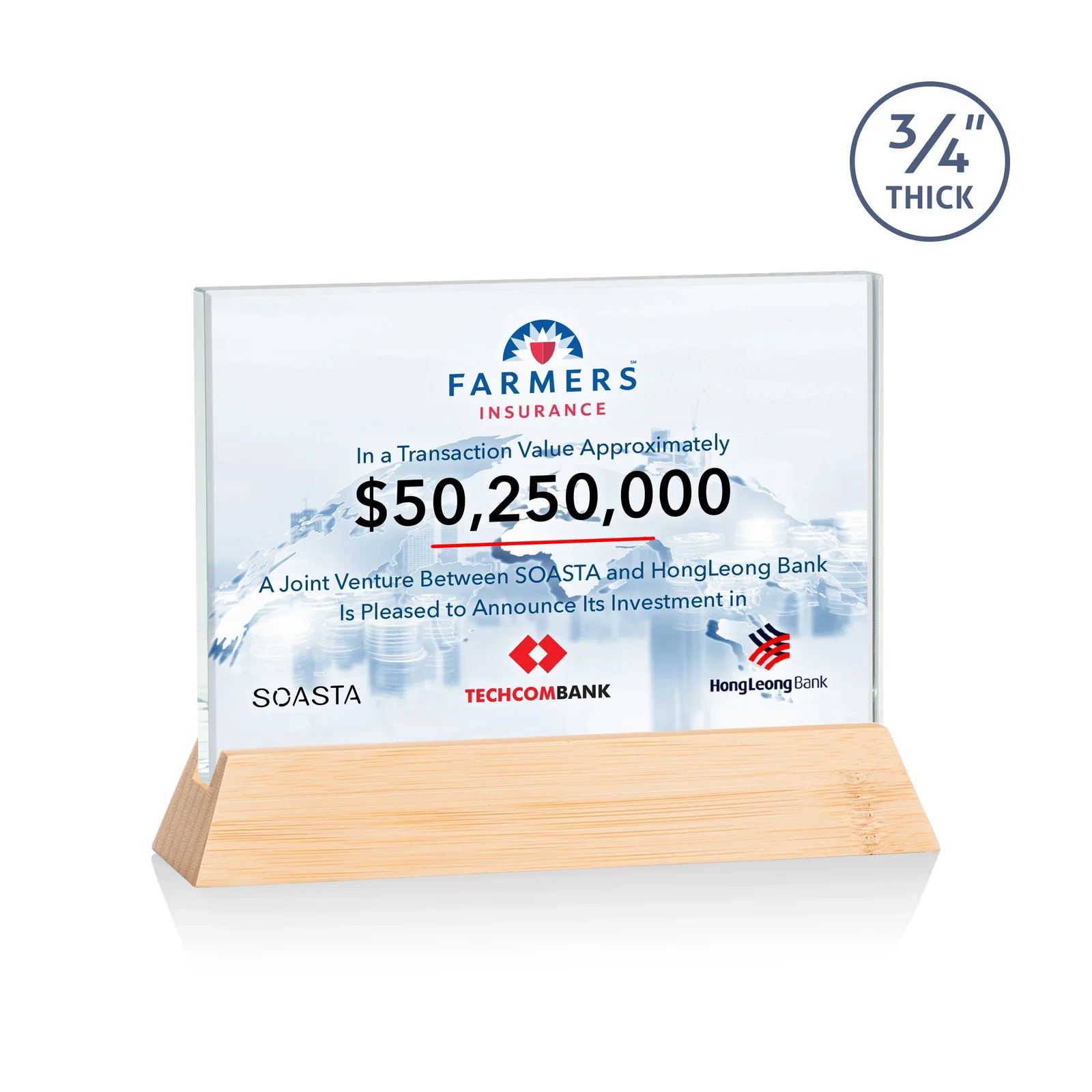Promotional Starfire Crystal Rectangular Award on Piano-Finish Wood Base for dealer and partner awards