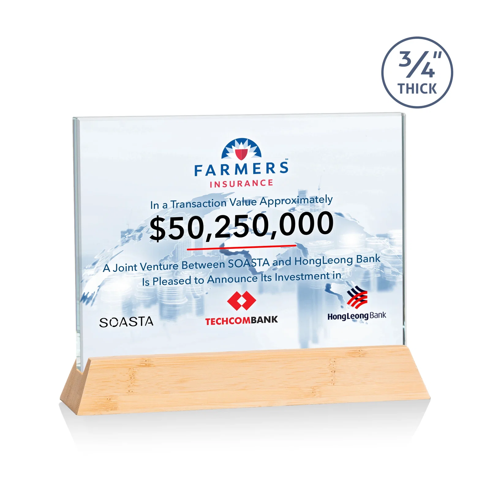 Promotional Starfire Crystal Rectangular Award on Piano-Finish Wood Base for company anniversary events
