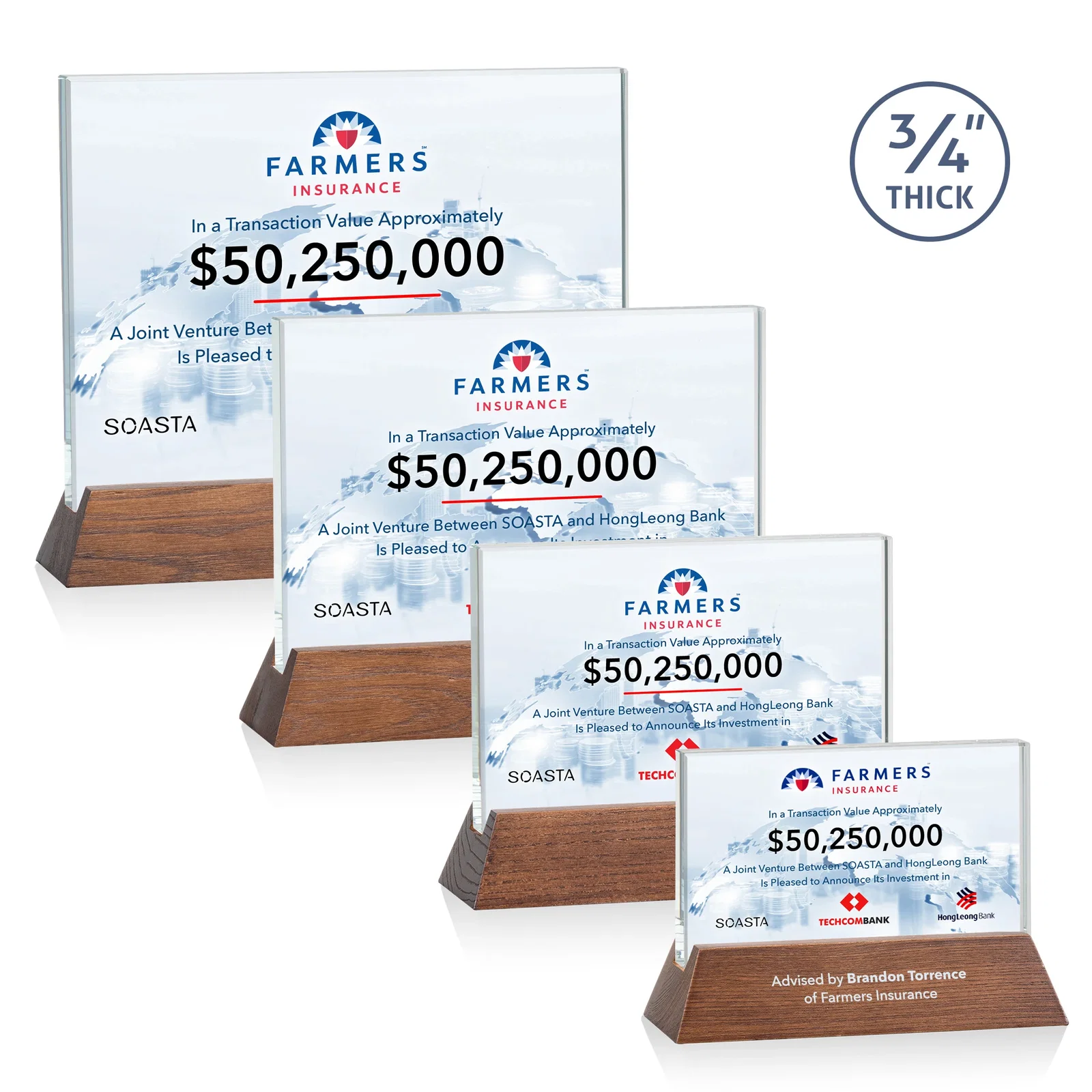 Branded Starfire Crystal Rectangular Award on Piano-Finish Wood Base for employee recognition