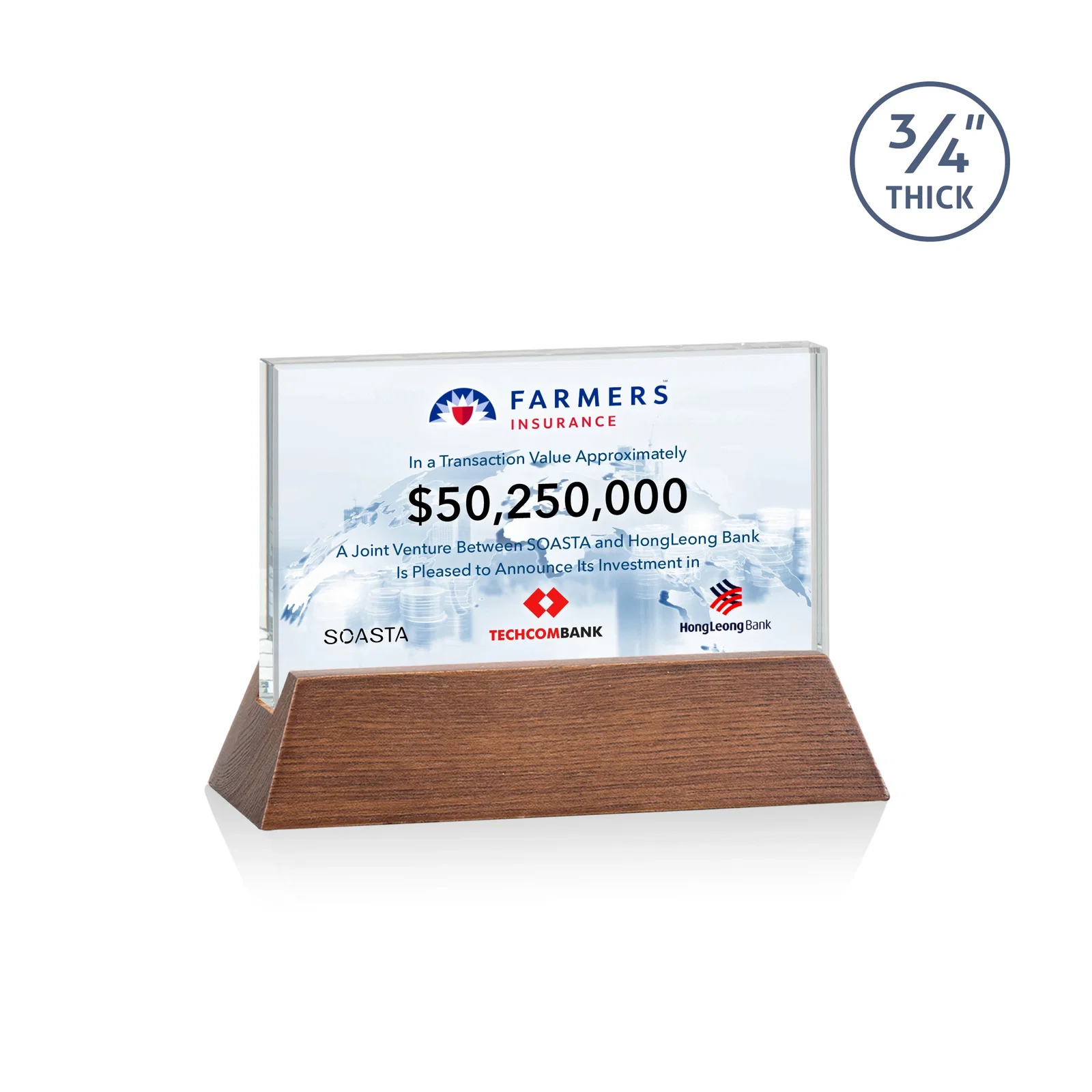Branded Starfire Crystal Rectangular Award on Piano-Finish Wood Base for corporate award ceremonies