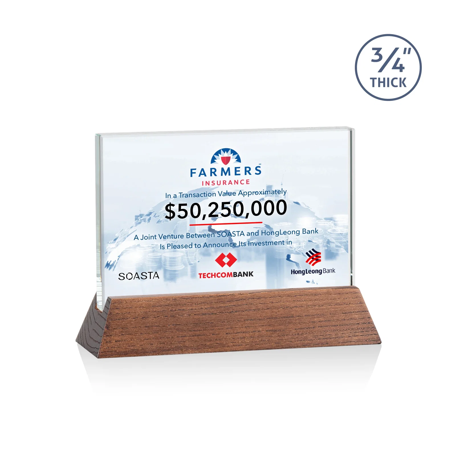 Branded Starfire Crystal Rectangular Award on Piano-Finish Wood Base for service anniversary gifts