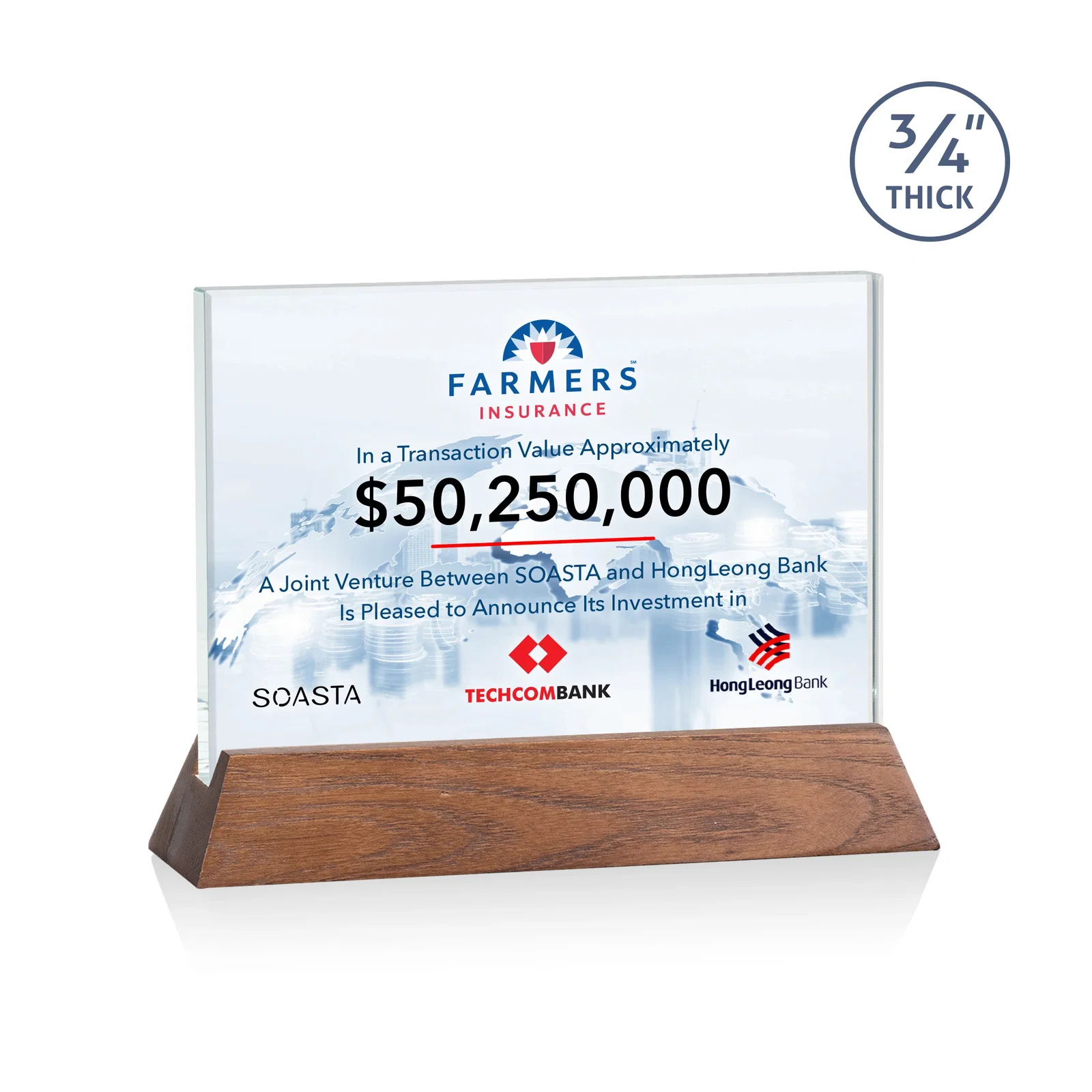 Branded Starfire Crystal Rectangular Award on Piano-Finish Wood Base for sales achievement awards